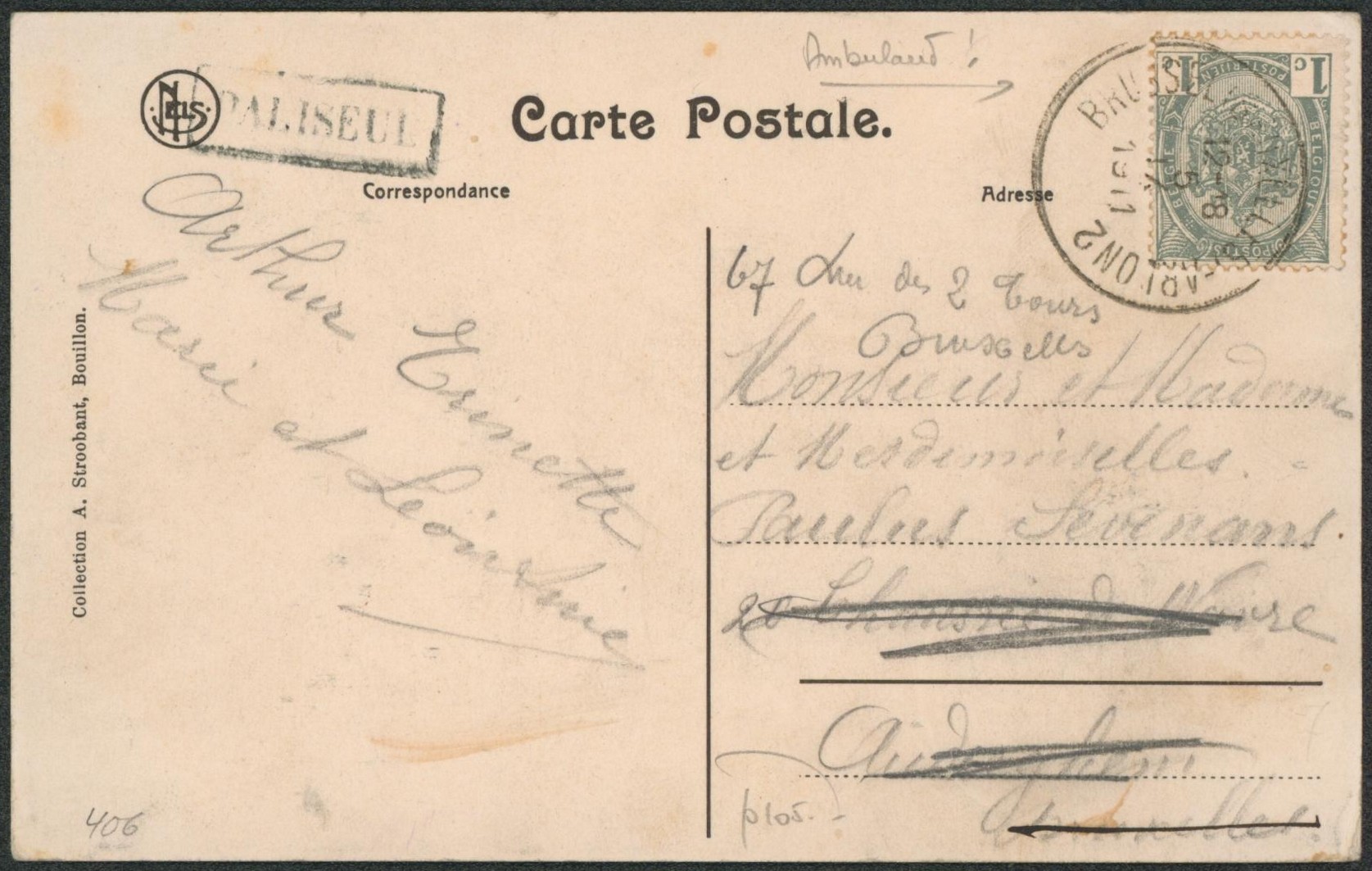 n°81 sur CP obl ambulant "Brussel (Bruxelles) - Arlon 2" + griffe encadrée PALISEUL > Auderghem suivi Bruxelles. "