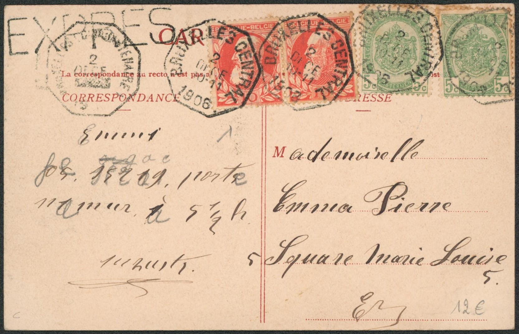 n°56 x2 et 74 x2 sur CP en expres obl télégraphique "Bruxelles (central)" > Square marie louise"