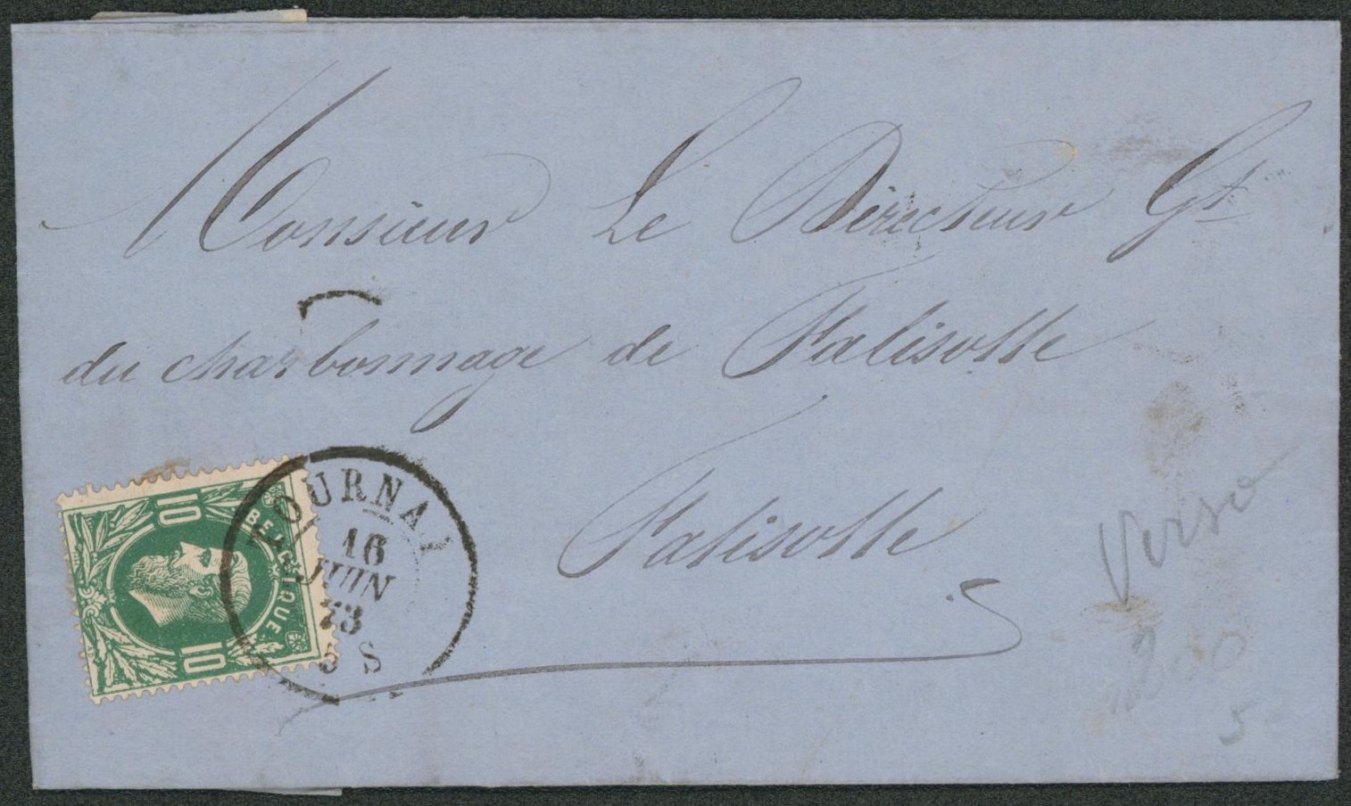 n°30 sur LAC obl double cercle "Tournai" > Falisolle + verso cachet télégraphique format spécial "Tamines". "