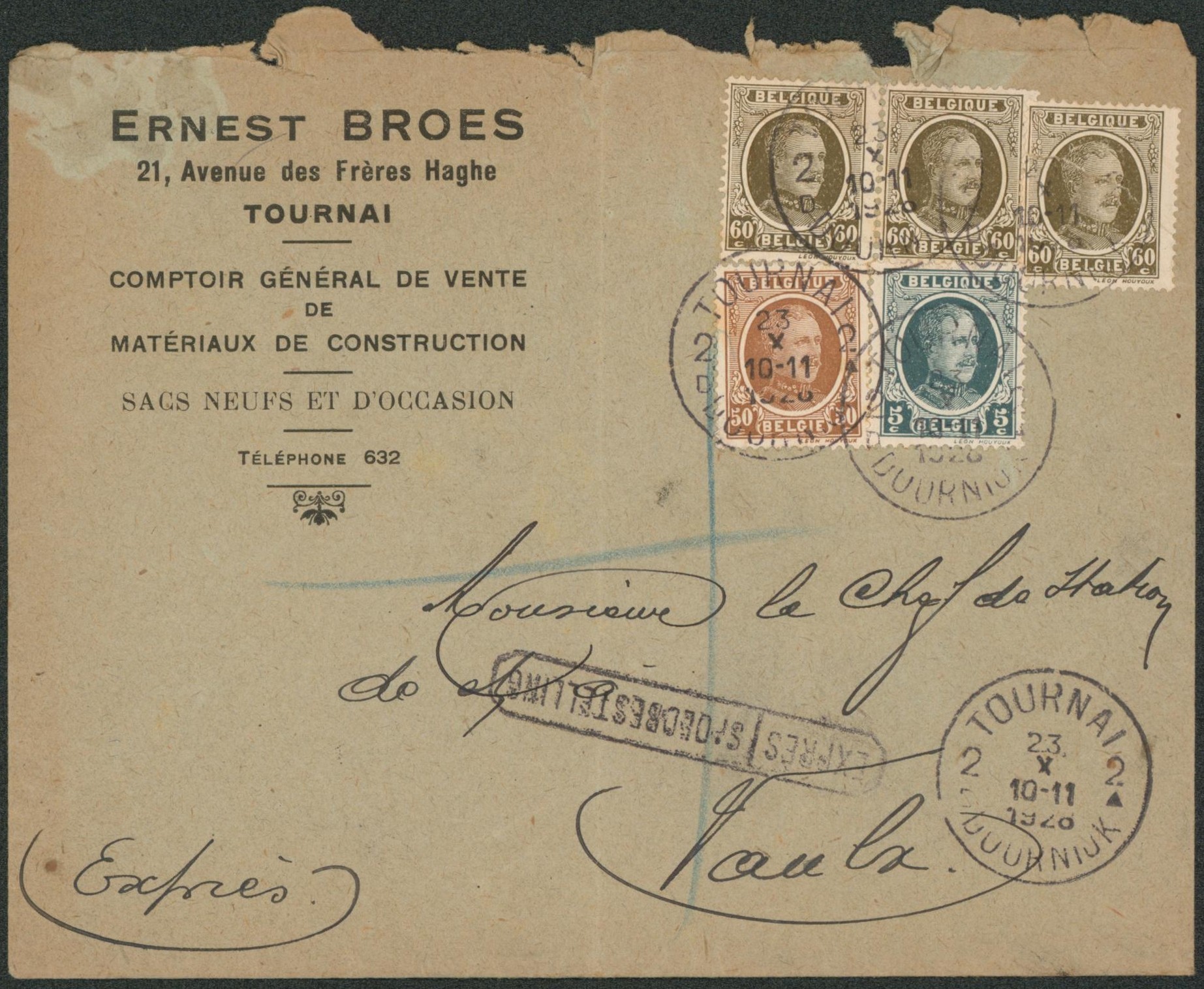 Houyoux - n°193, 203 et 255 x3 sur lettre en expres de Tournai > Vaulx çàd arrivée chemin de fer. 