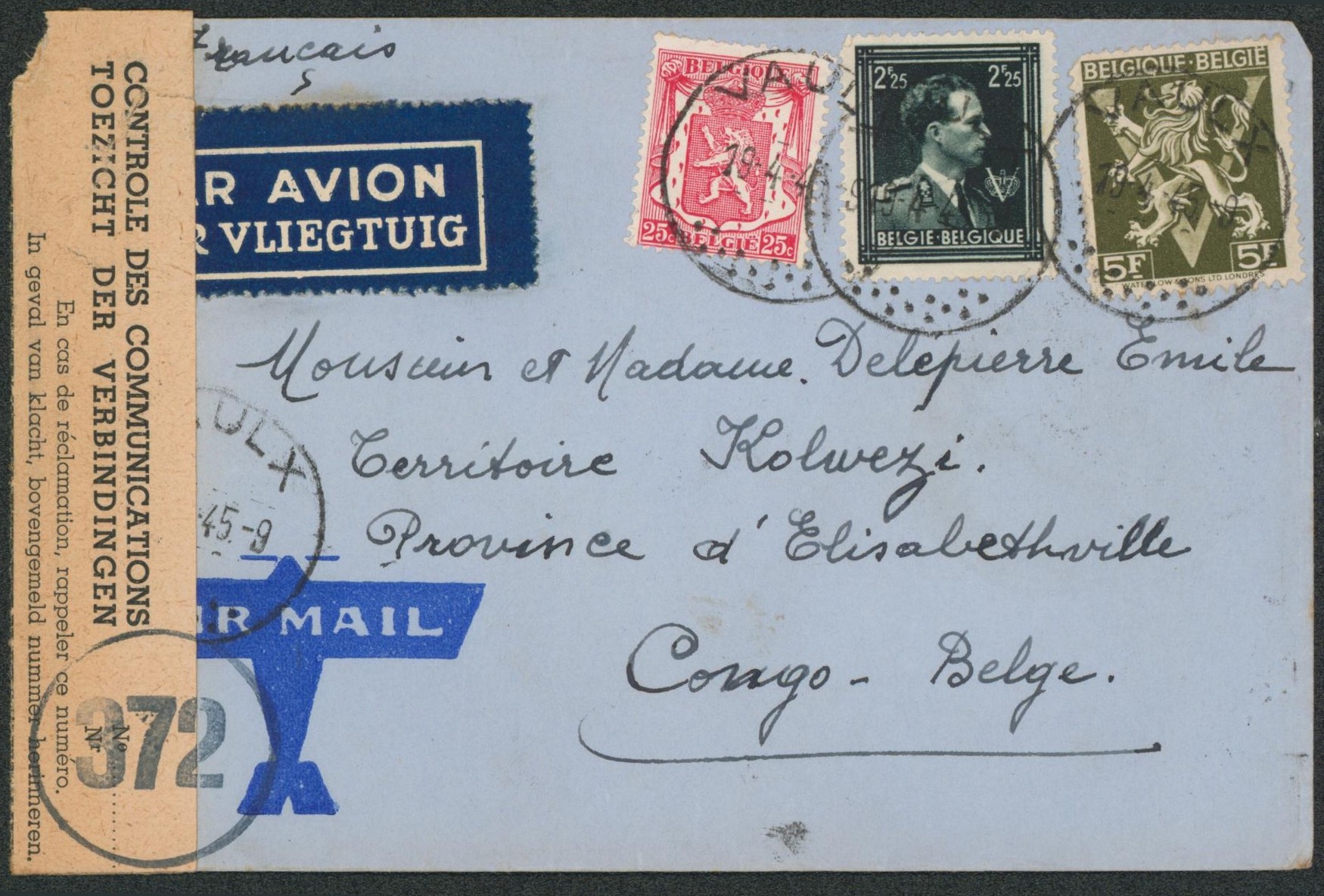Affranch. Tricolore sur lettre par avion de Vaulx + Bandelette de censure contrôle des communications n°372 > Territoire de Kolwezi (Congo Belge). 