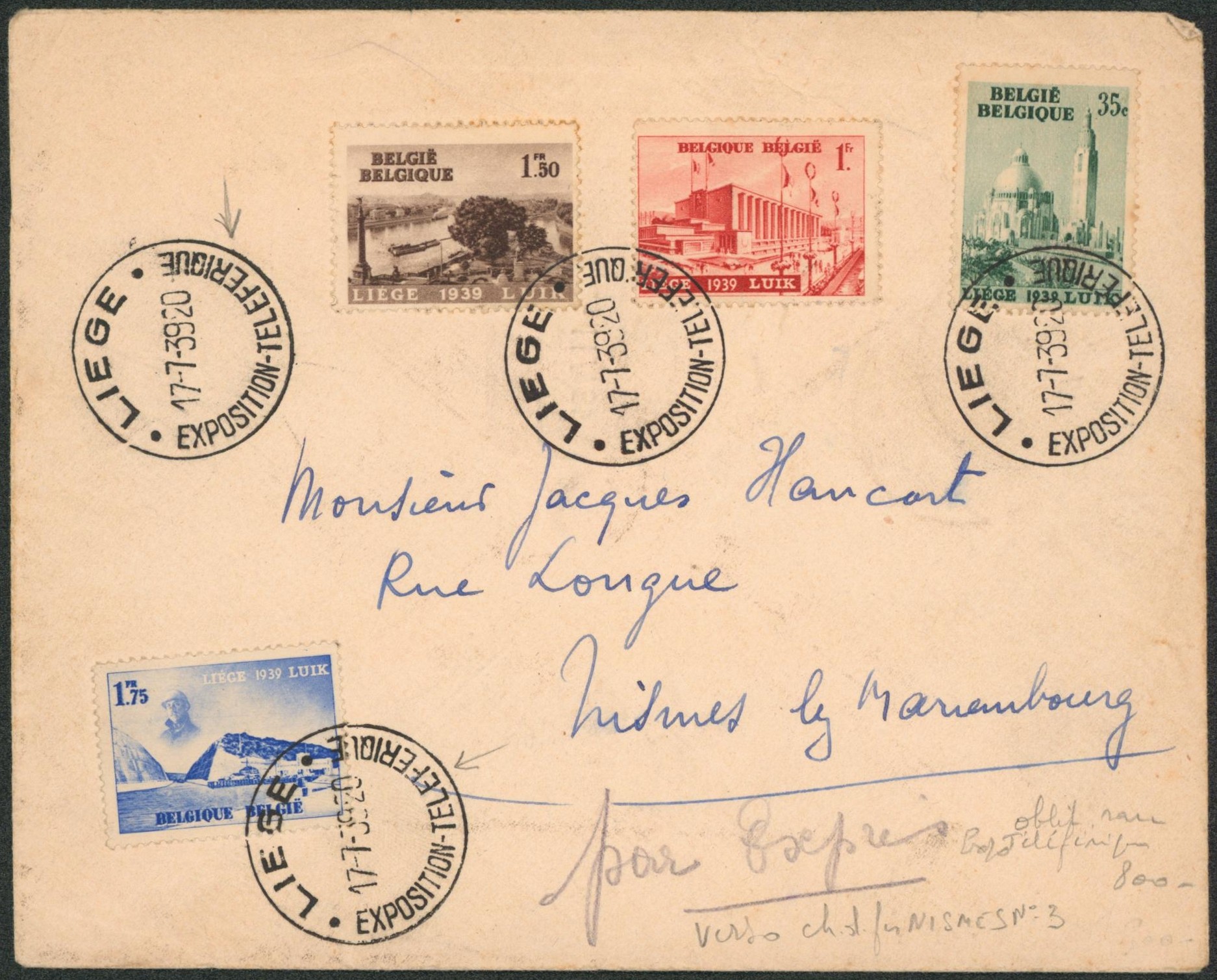 Expositions de Liège 1939 - série complète sur lettre expédié de l'exposition / téléférique > Nismes par expres. Arrivée çàd Cachet chemin de fer "Nismes n°3""