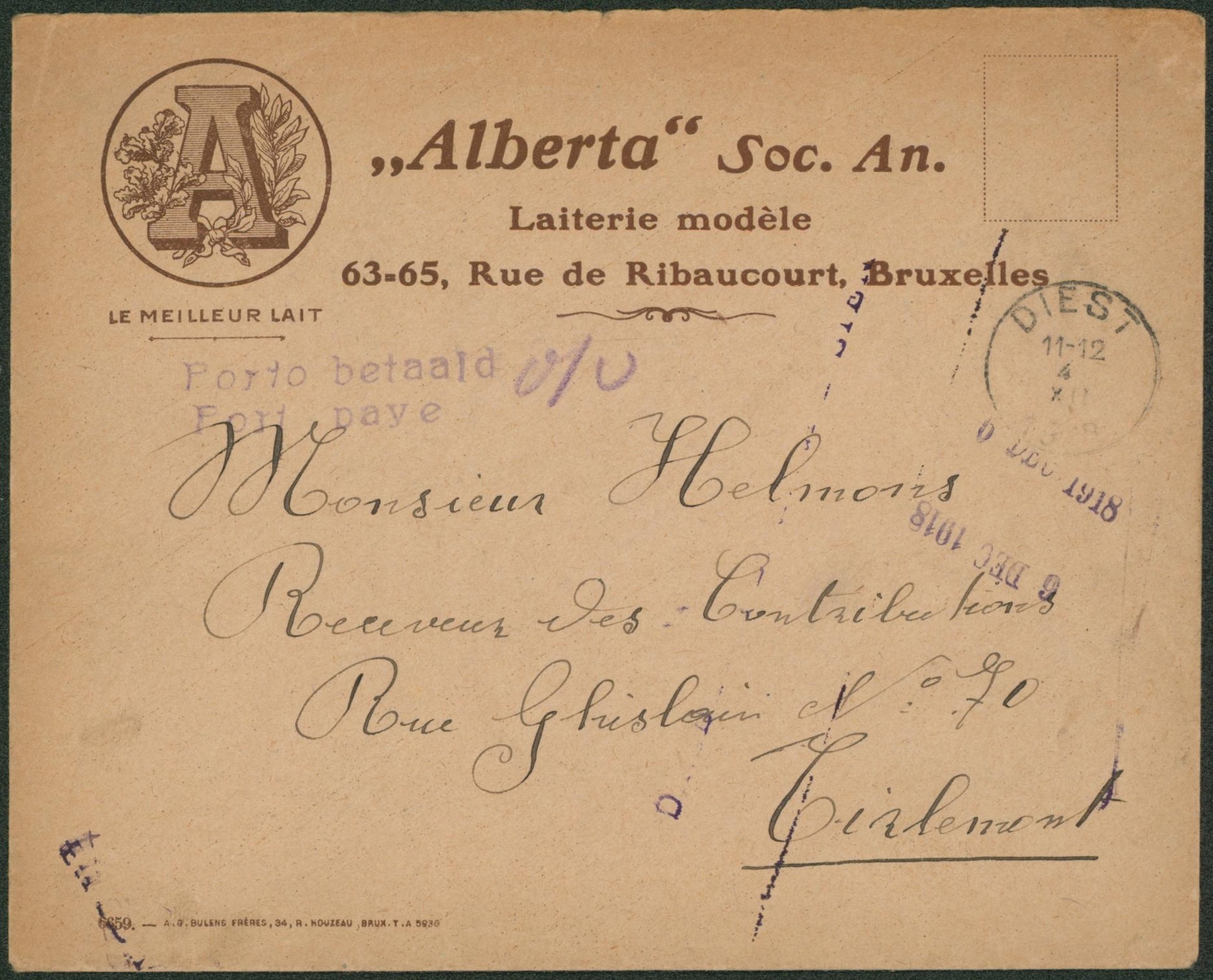Fortune - Lettre à en-tête ALBERTA (Laiterie modèle) expédié de diest + griffe PORTO BETAALD / PORT PAYE > Tirlemont