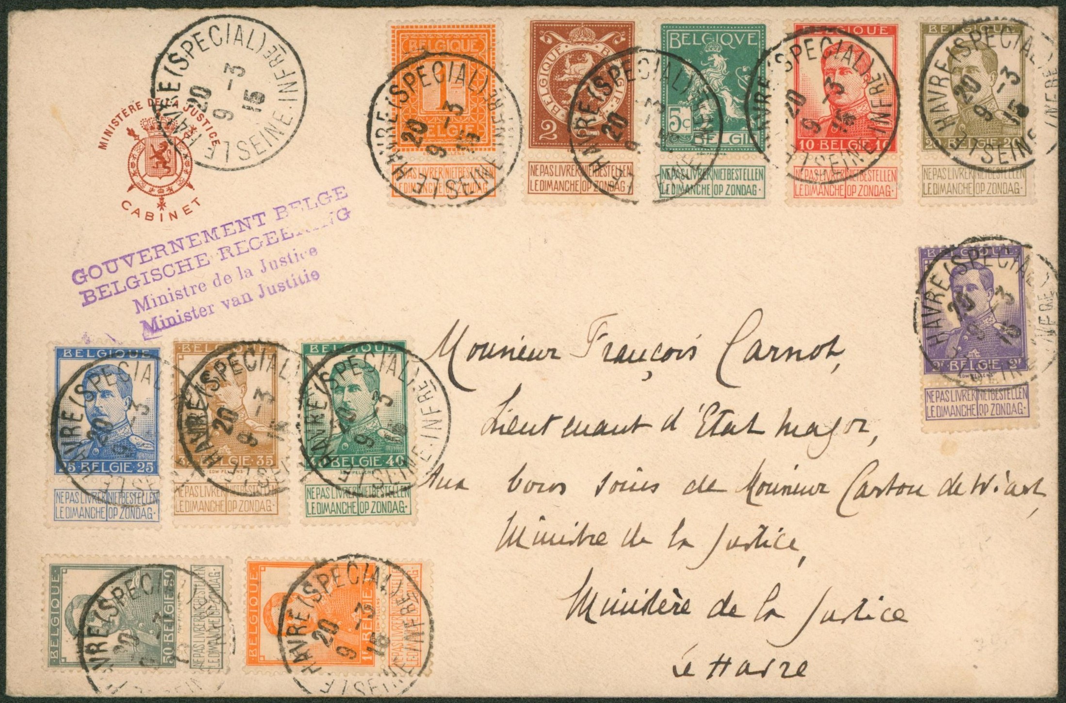 Pellens - Affranch. Mixt sur lettre du gouvernement belge, ministère de la justice > Ministère de la justice à Le Havre. 