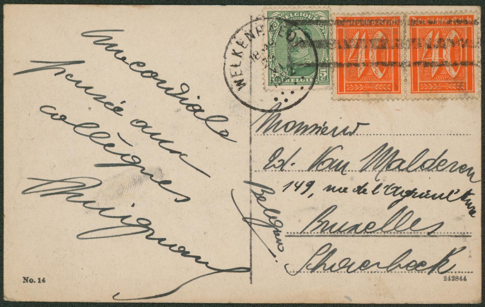 Affranch. Mixte (Belgique Albert I / Allemagne) sur CP vue + cachet de fortune et obl S.C. "Welkenraedt" > Bruxelles. "