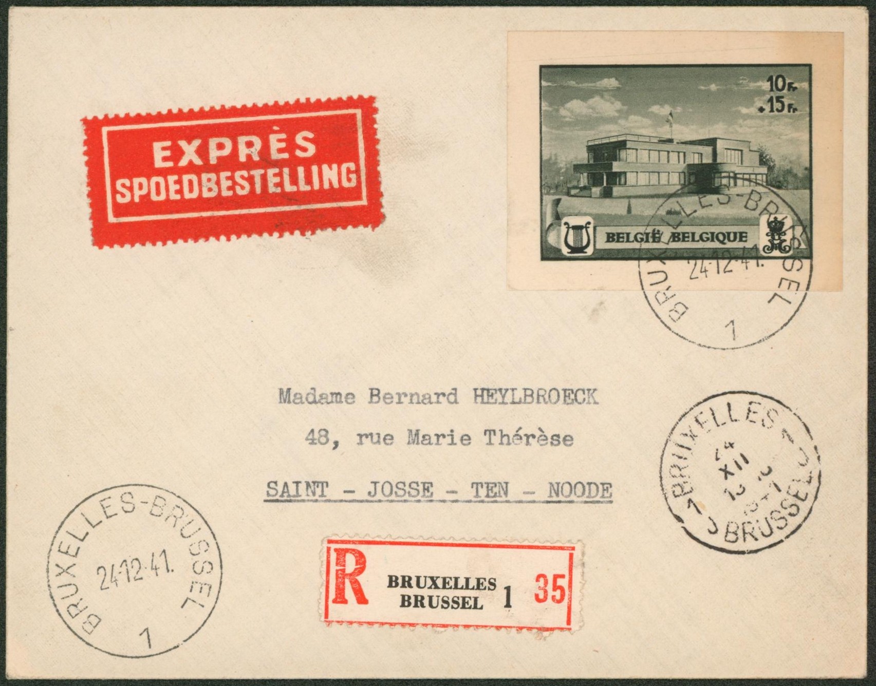 n°537B sur lettre en recommandé expres de Bruxelles > St-josse-ten-noode
