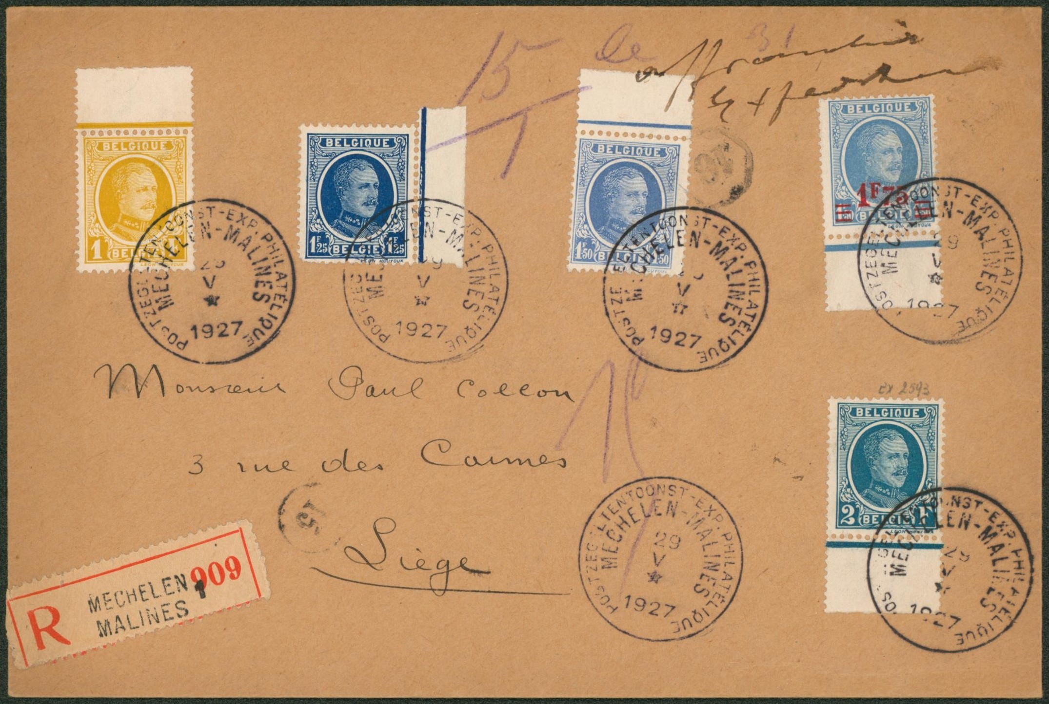 Houyoux - Affranch. De complaisance sur lettre en recommandé de Malines + cachet exposition > Liège