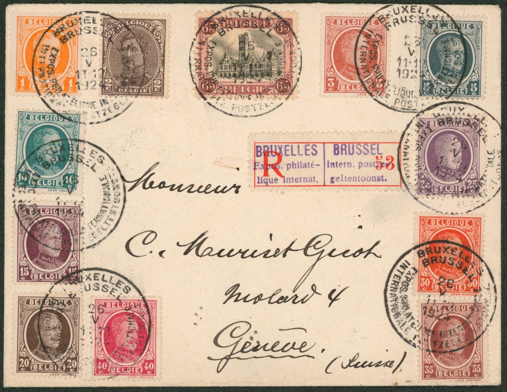Affranch. Mixte (Houyoux, Albert I, Dendermonde) sur lettre en recommandé exposition philatélique internationale (Bruxelles) > Genève (Suisse)