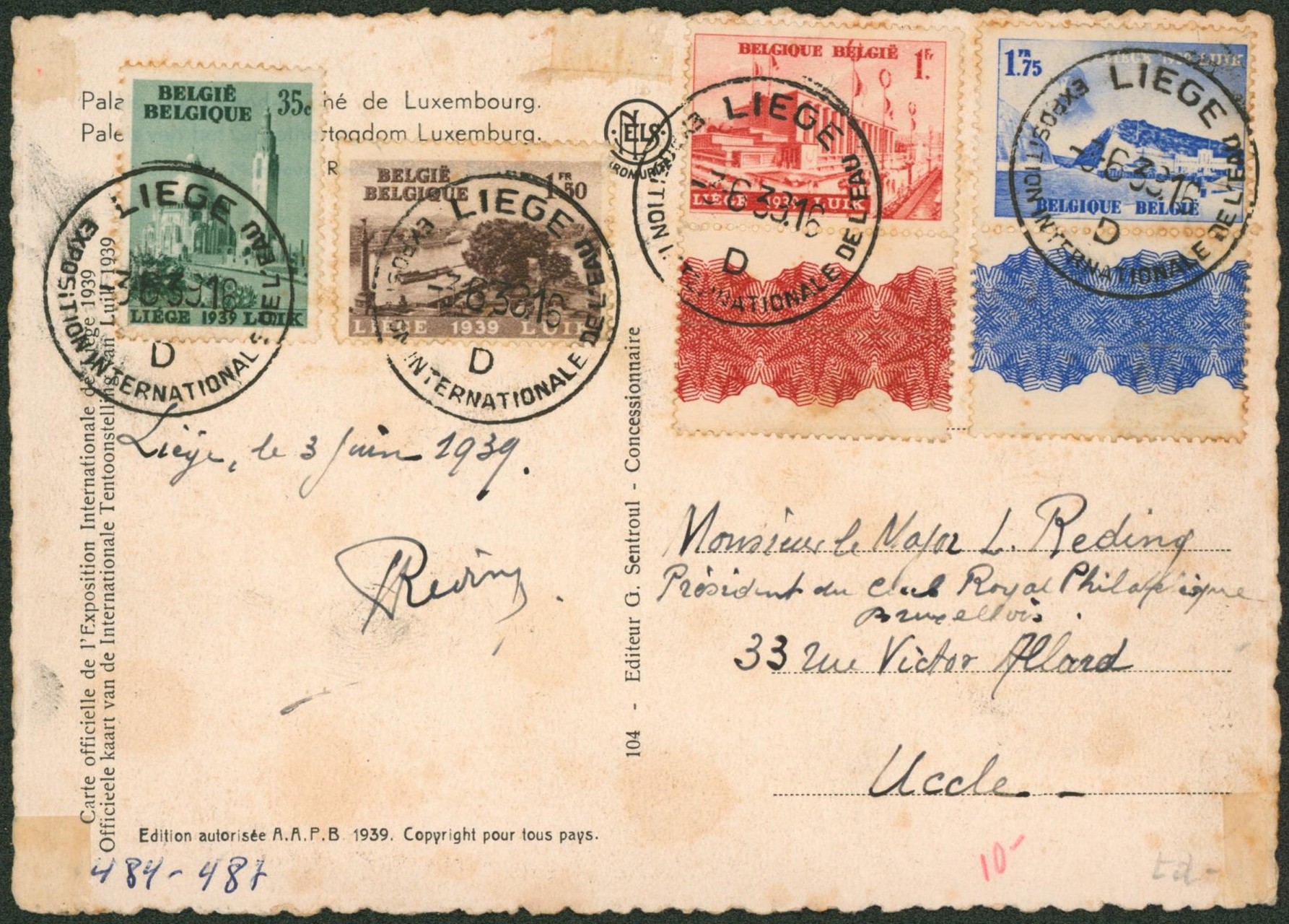 Exposition de Liège 1939 - série complète sur CP vue obl spéciale "Liège / Exposition internationale de l'eau D" > Uccle"