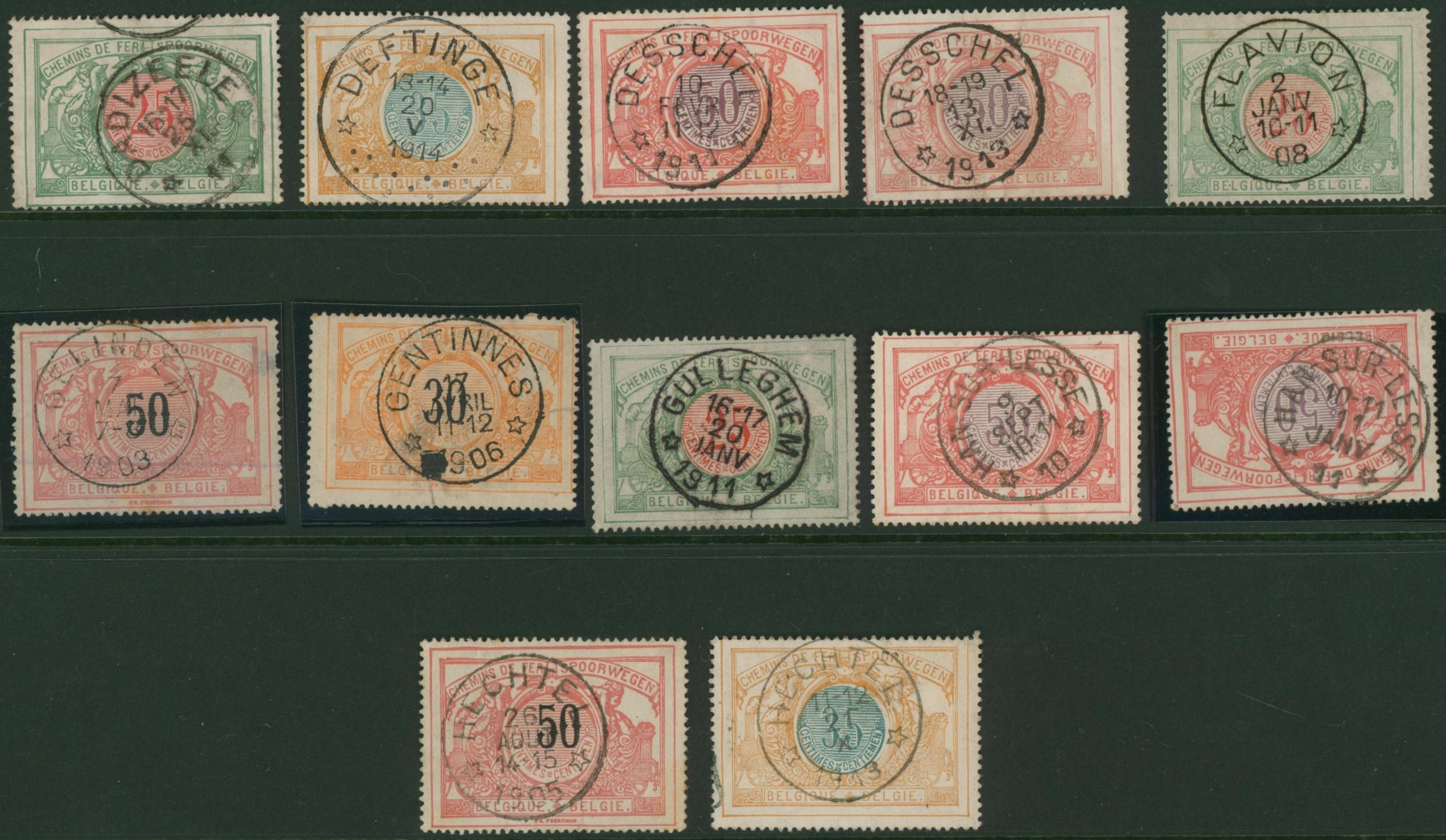 Chemin de fer (bilingue, chiffre bicolore) - sélection de 12 oblitérations relais sur valeurs faciales diverses. Lettre D > H