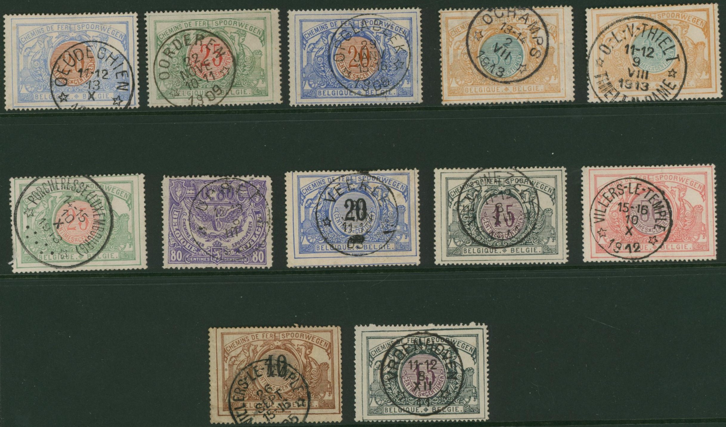 Chemin de fer (bilingue, chiffre bicolore) - sélection de 12 oblitérations relais sur valeurs faciales diverses. Lettre O > V