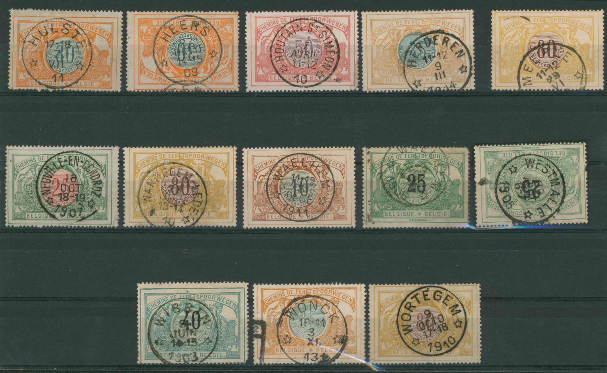 Chemin de fer (bilingue, chiffre bicolore) - sélection de 12 oblitérations relais sur valeurs faciales diverses. Lettre H + W