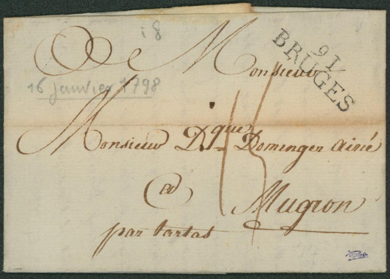 LAC datée de Bruges + obl linéaire 91 / BRUGES, port 14ctm > Mugnon (France). Luxe ! 