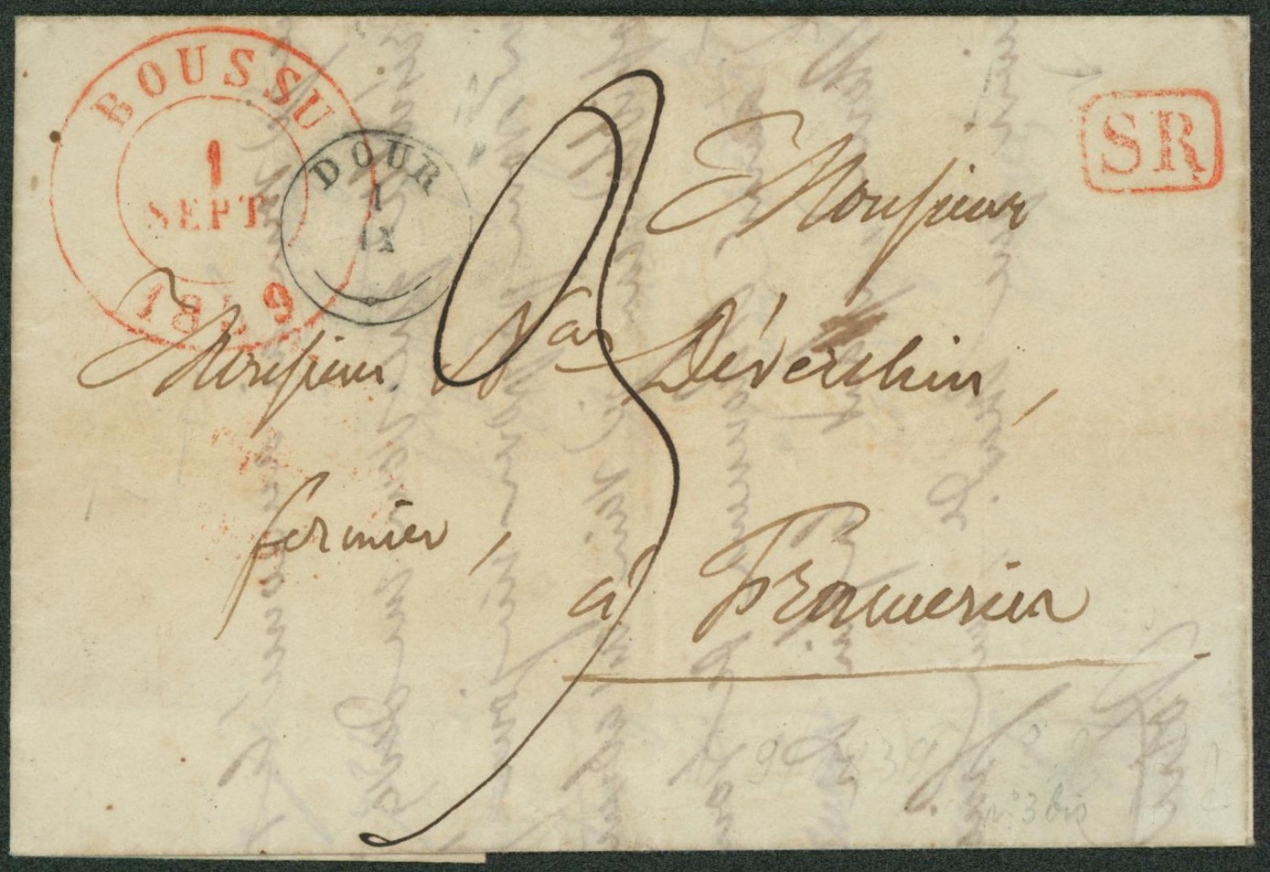 LAC datée de Dour çàd obl T18 + cachet dateur Boussu 1/09, port 3 décimes >  Frameries, fermier. 