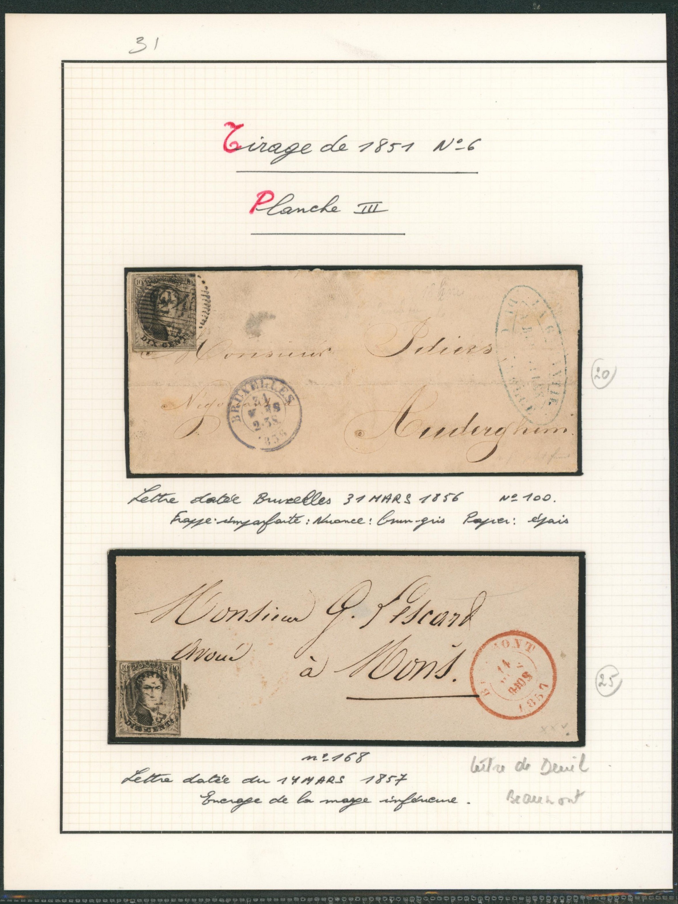 Page de collection - n°6 planche II ensemble de 2 lettres de Bruxelles & Beaumont > Auderghem & Mons. 