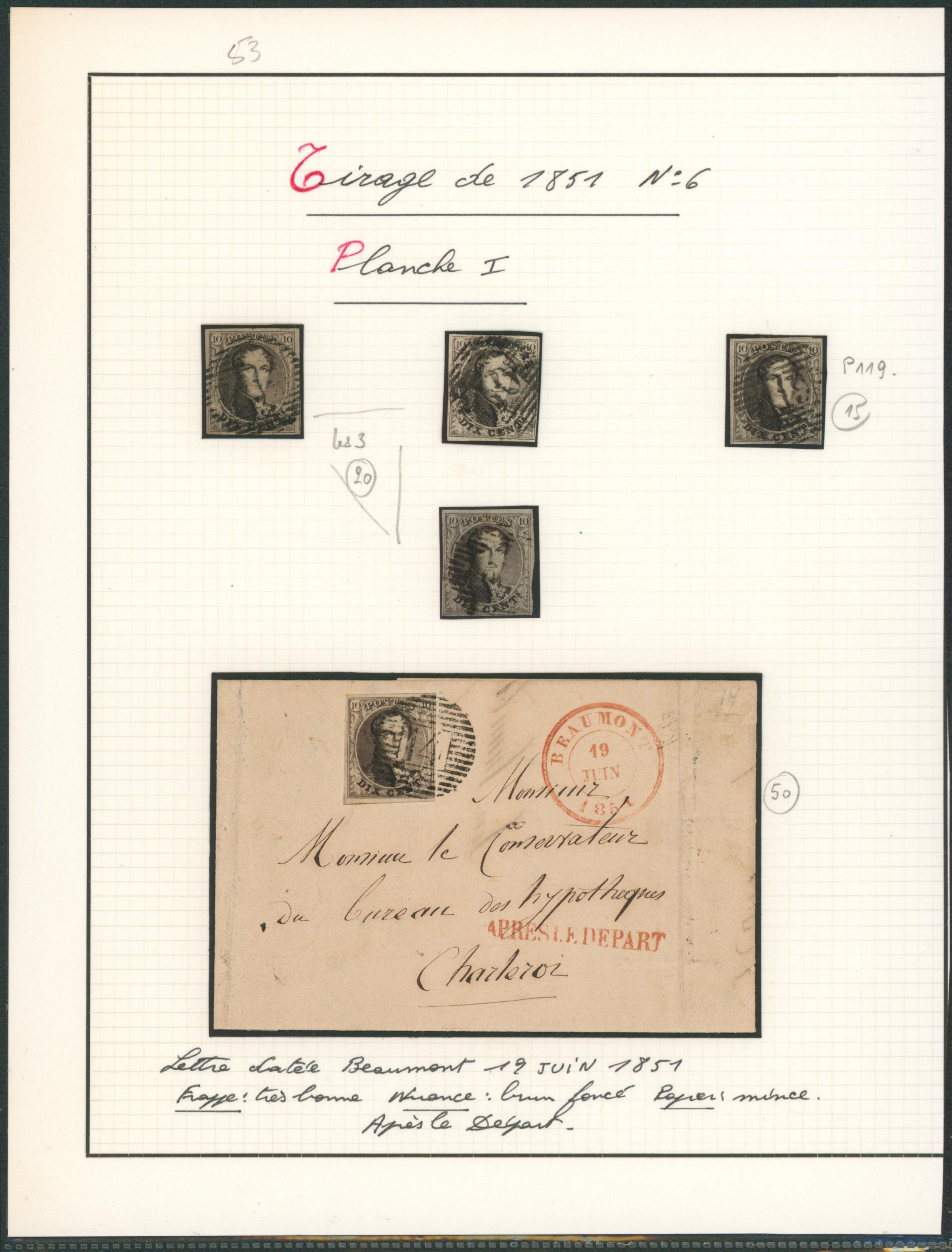 Page de collection - n°6 planche I ensemble de 3 timbres margés et une lettre de Beaumont + griffe après le départ > Charleroi 