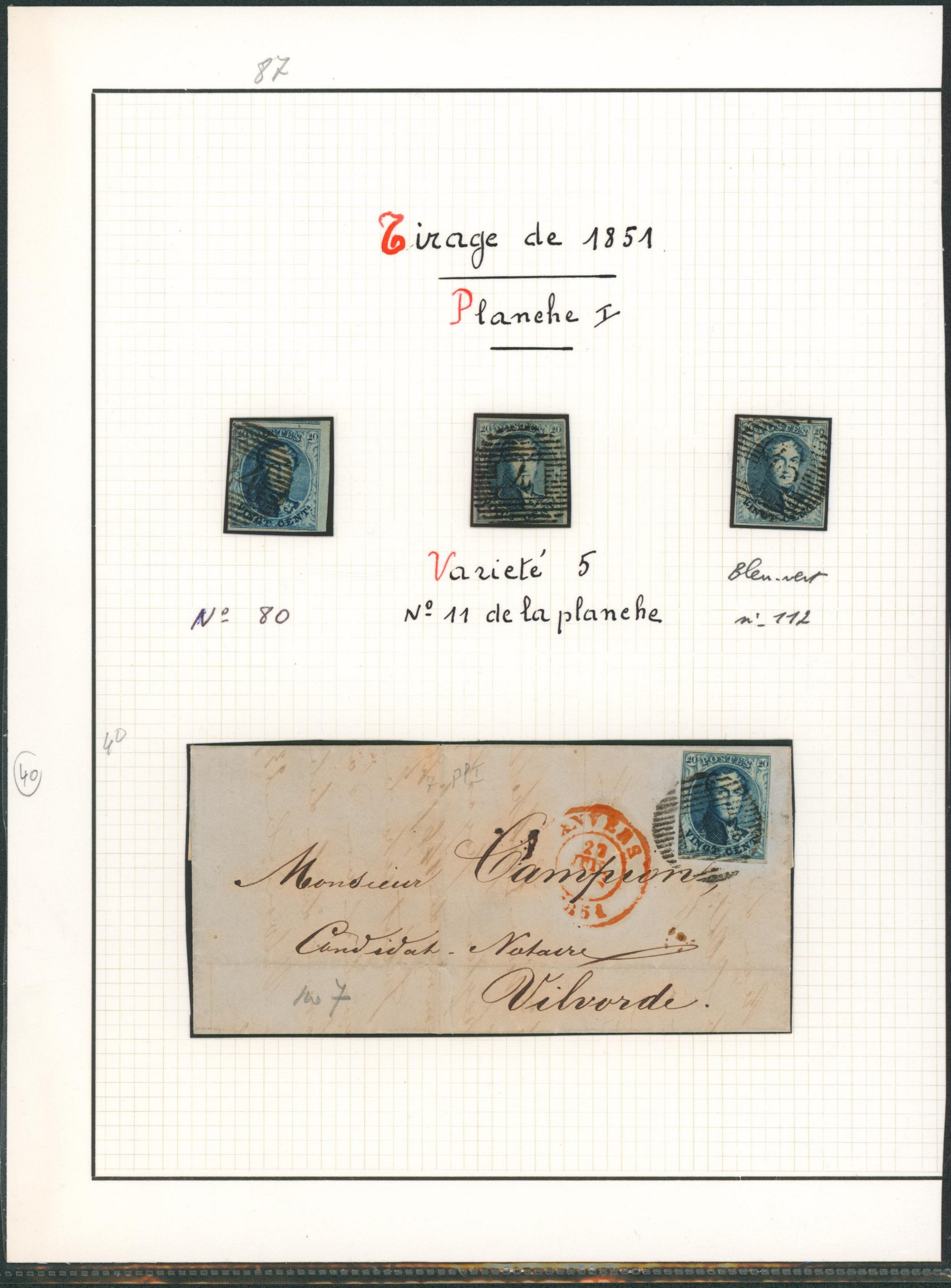 Page de collection - n°7 planche I, planchage + nuance çàd 3 timbres et une lettre. 