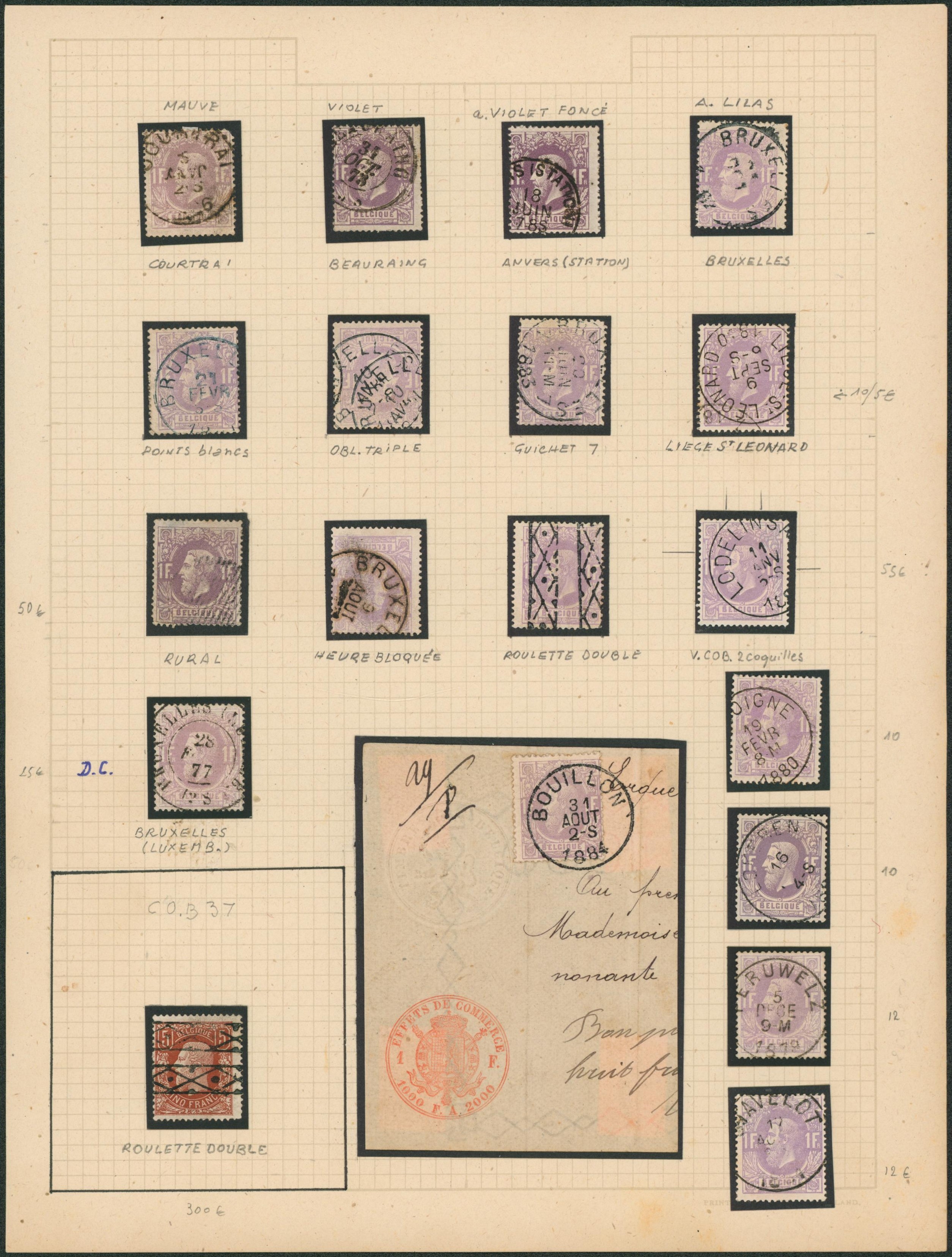 Page de collection - émission 1869 : n°36 x 18. étude de nuance, curiosité, cachet + n°37 annulation roulette. Superbe 
