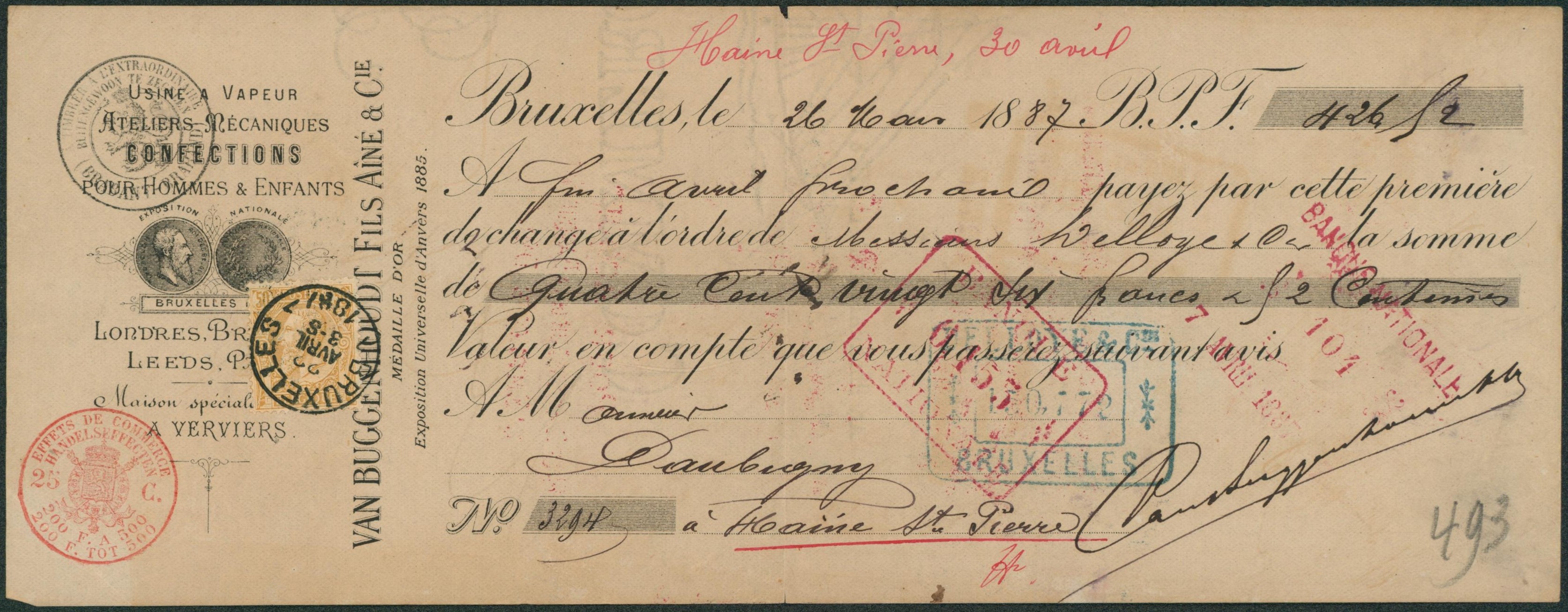 n°50 sur effet de commerce ateliers mécanique, confections pour Hommes et enfants, annotation en rouge Haine-St-Pierre le 30 Avril. 