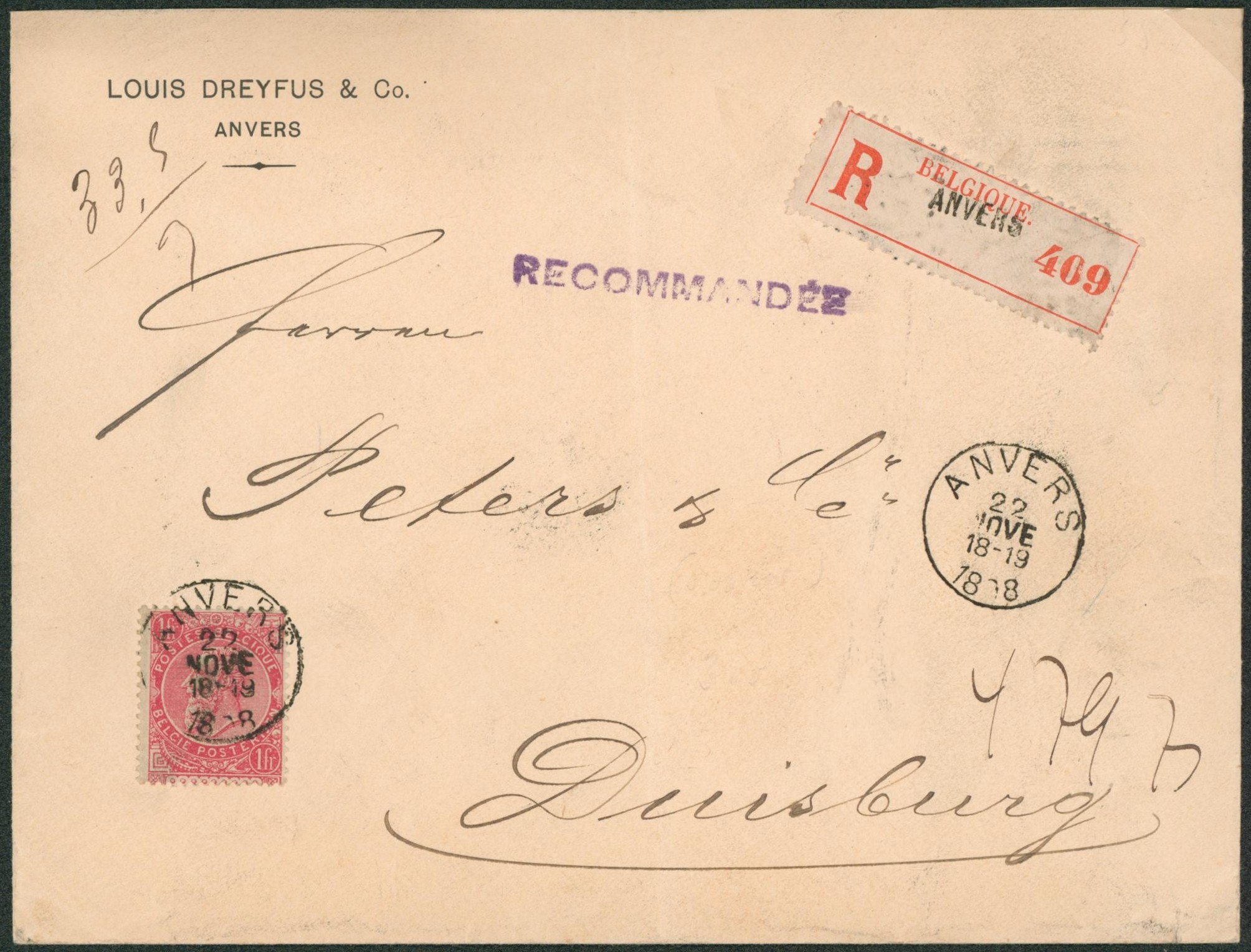 n°64 seul sur lettre en recommandé de Anvers (triple port) > Duisburg (Allemagne). 