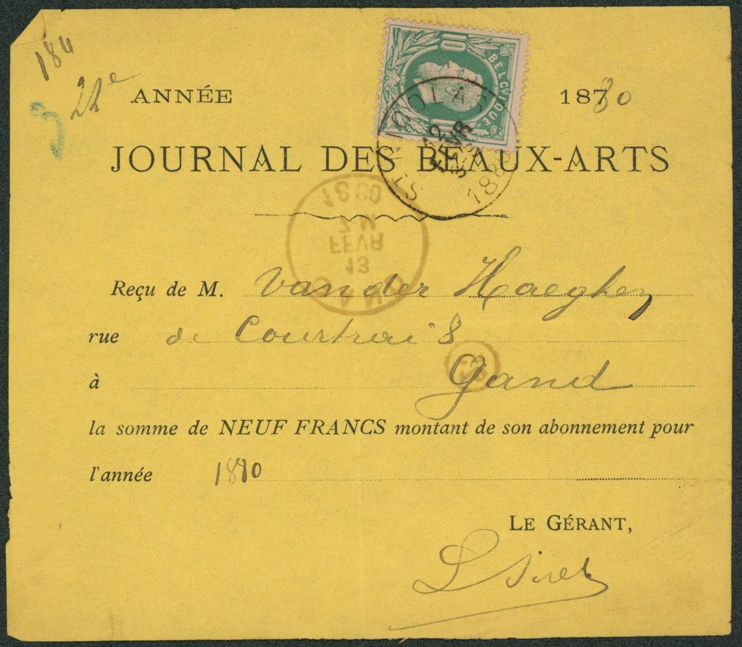 n°30 sur reçu de 9 Fr pour son abonnement aux journal des Beaux-Arts (Gand). 