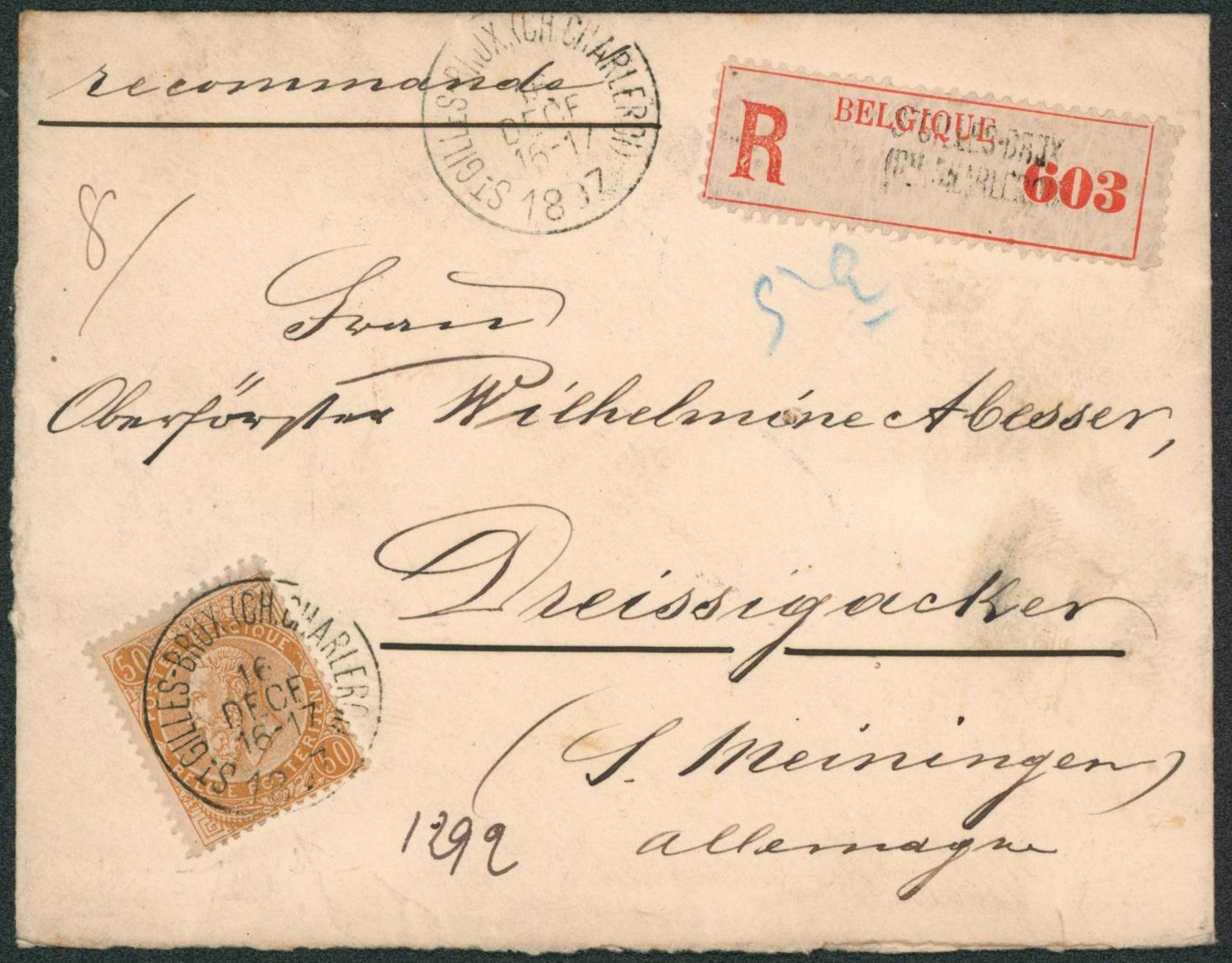 n°62 seul sur lettre en recommandé de St-Gilles-Brux. (Ch. Charleroi) > Dreissigacker (Allemagne). 