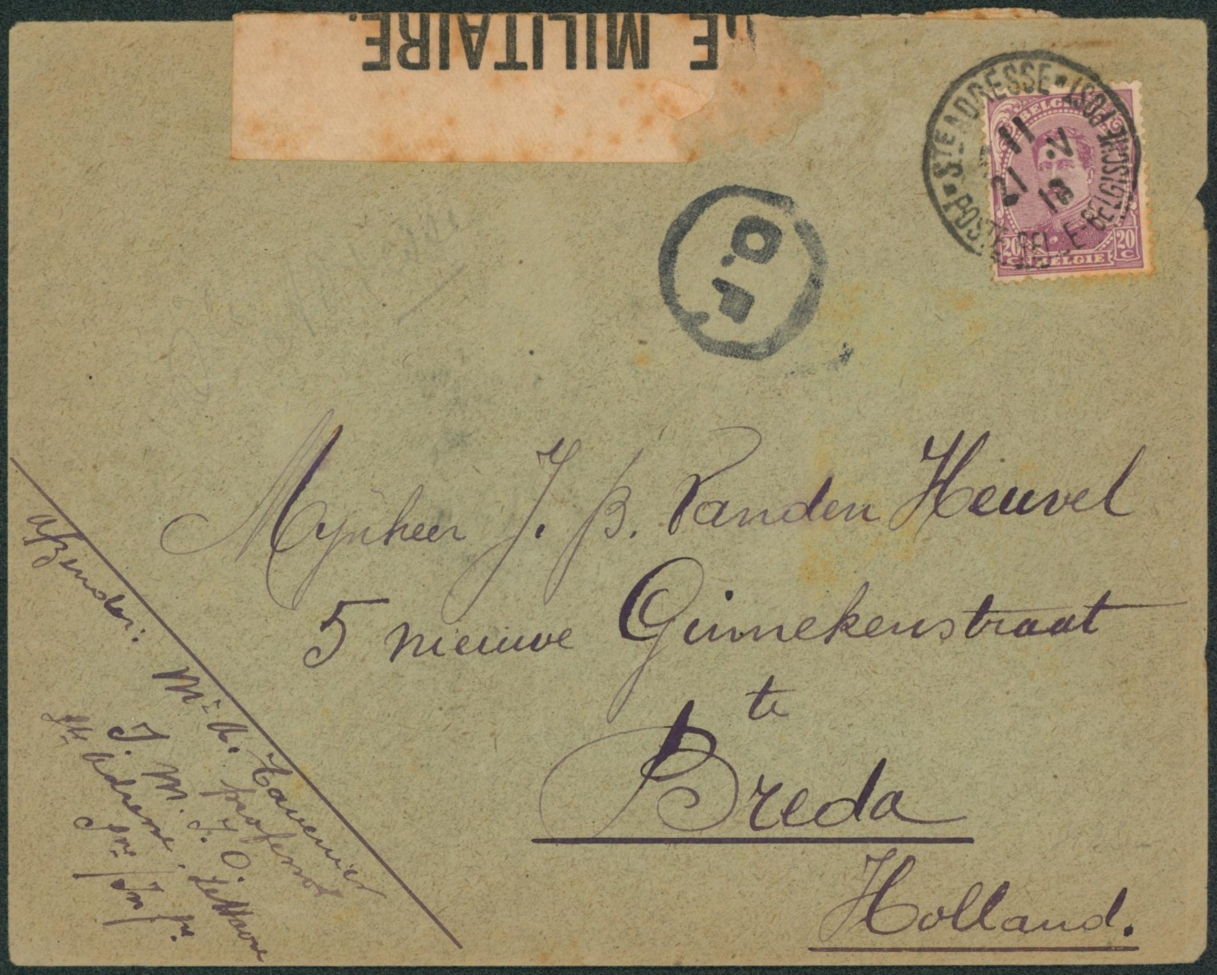 Guerre 14-18 - n°140 sur lettre expédié de Ste-Adresse (J.M.J.O.) + bandelette de censure "25" et censure CF > Breda (Hollande). "
