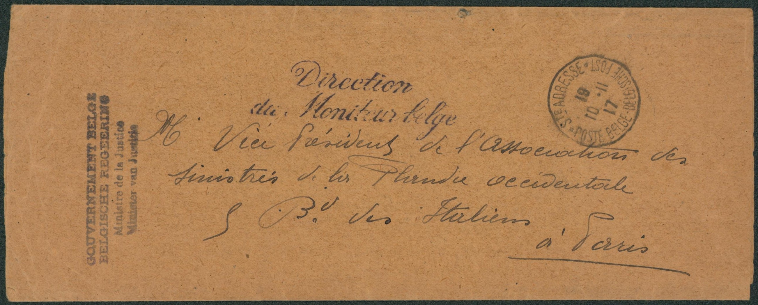 Bandelette pour imprimée expédié de Ste-Adresse + griffe "direction du moniteur Belge" > Paris. "