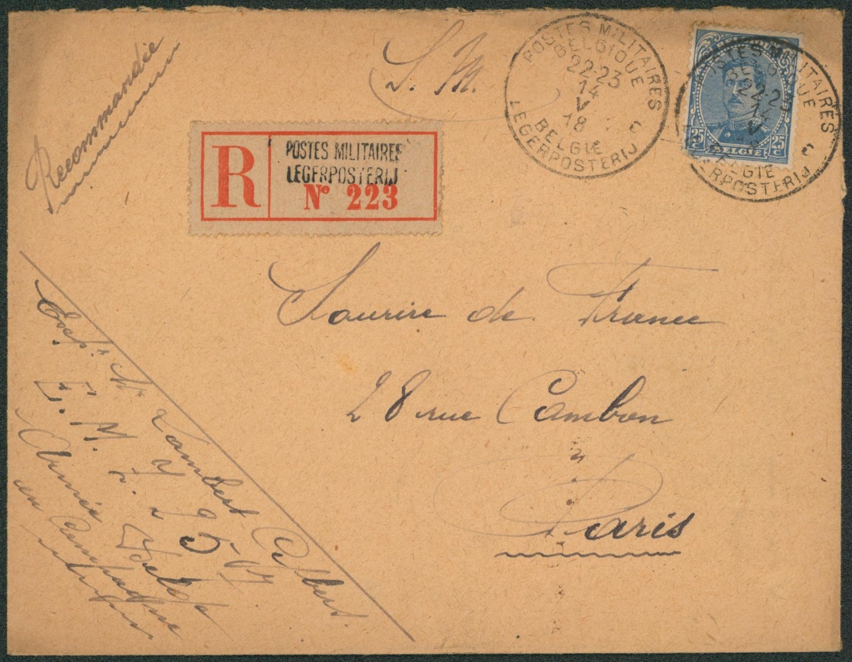 n°141 sur lettre en recommandé de Postes militaires (E.M. Z. 25) > Paris. 
