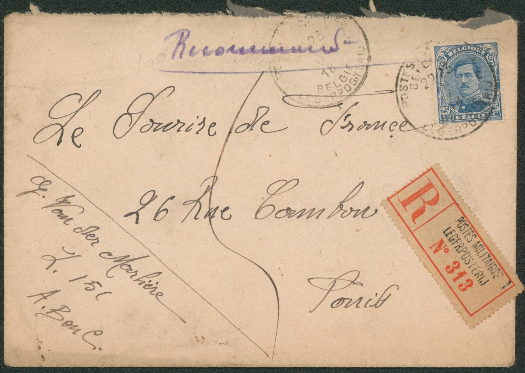 n°141 sur lettre en recommandé de Postes militaires > Paris. 