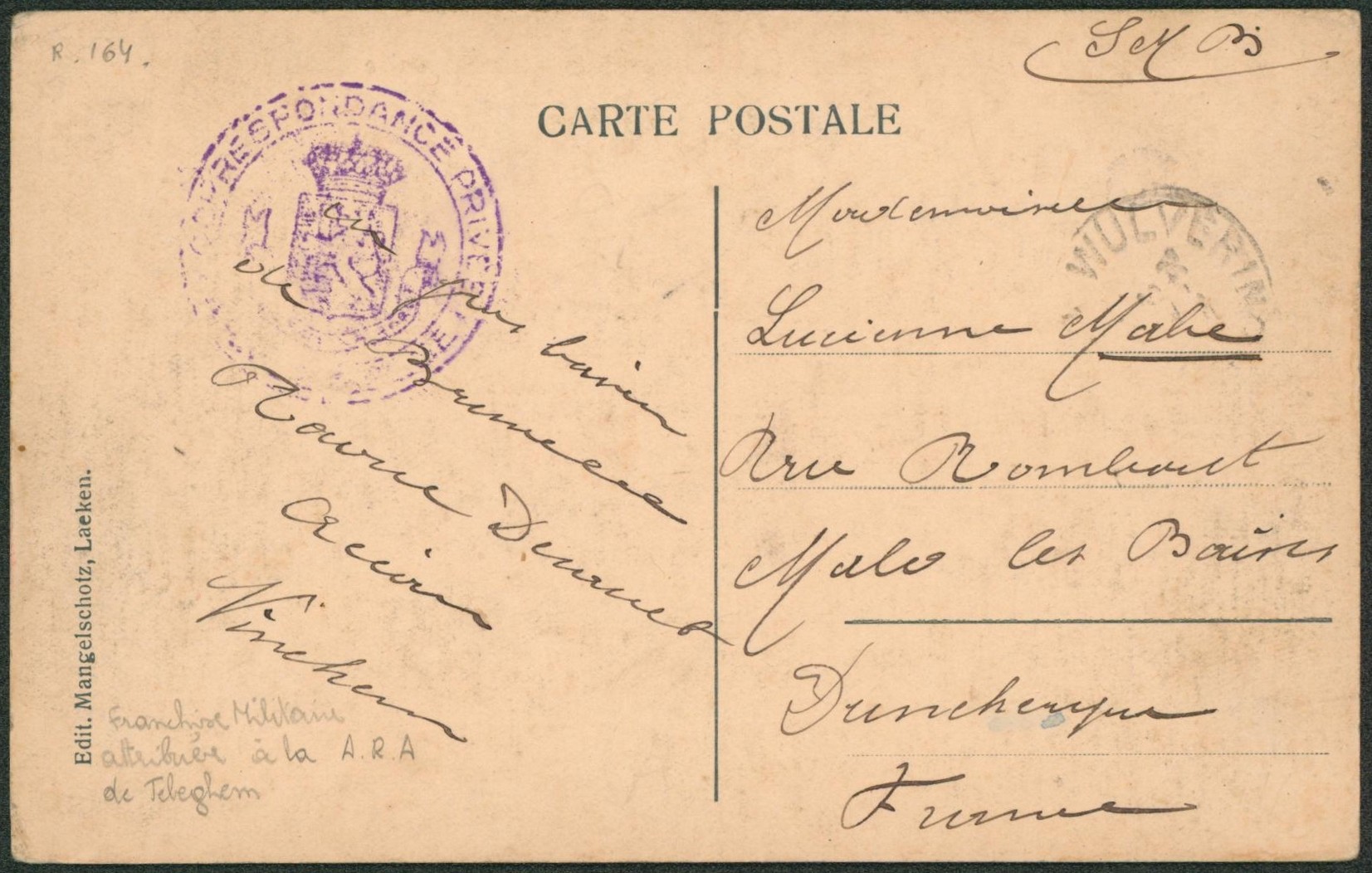 Territoire non envahi - CP expédiée en SMB de Wulveringhem > Dunkerque (France). 