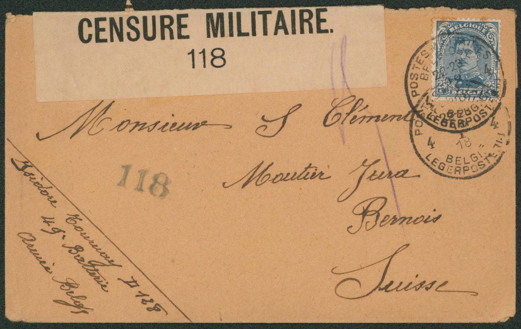 n°141 sur lettre obl P.M.B. 4 (49e batterie) + bandelette de censure 118 > Bernois (Suisse). 