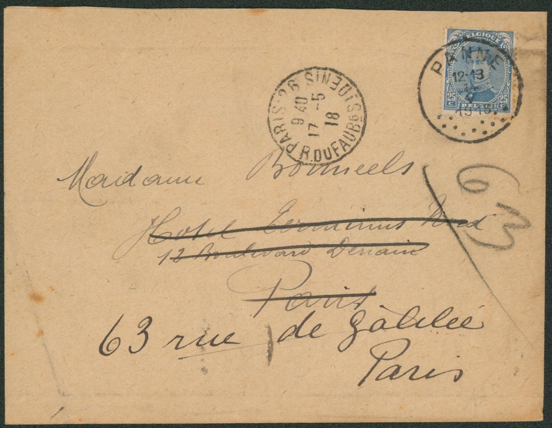 Territoire non envahi - n°141 sur lettre expédiée de Panne (Villa ma chaumière) > Paris redirigé à une autre adresse à Paris. 