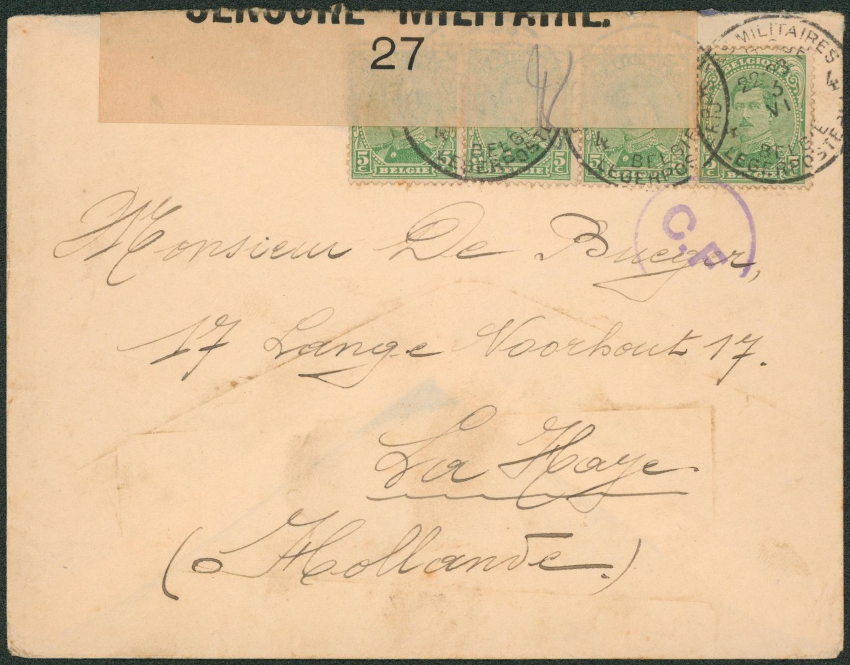 n°137 en bande de 4 sur lettre obl P.M.B. 4 + bandelette de censure "27" et censure CF > La Haye. "