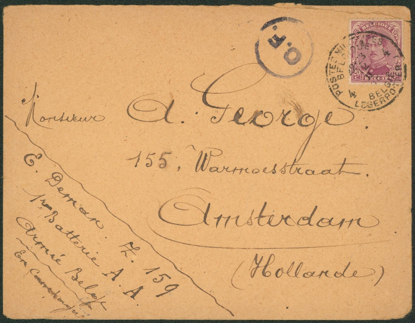 n°140 sur lettre obl P.M.B. 4 (1er batterie A.A.) + censure CF > Amsterdam 