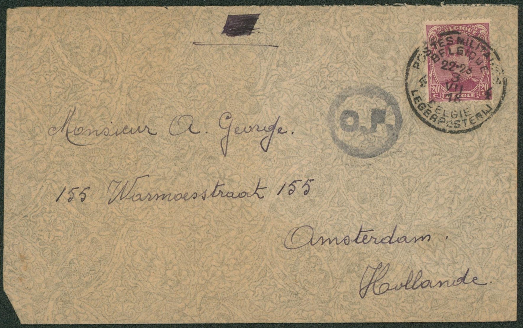 n°140 sur lettre obl P.M.B. 4 + censure CF > Amsterdam 