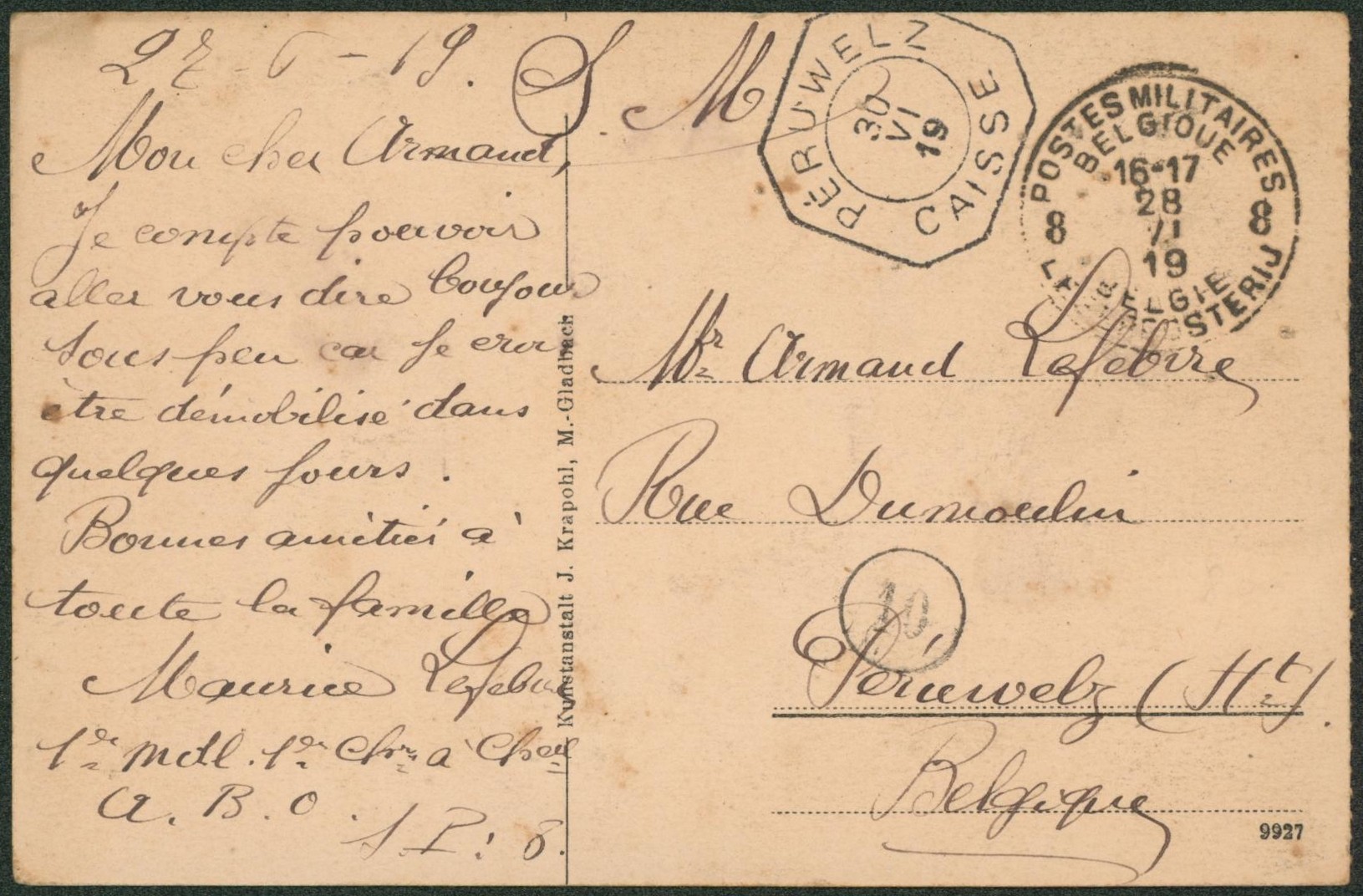 CP en SM obl P.M.B. 8 > péruwelz + cachet de fortune "Péruwelz / Caisse" (Cachet octogonal). "