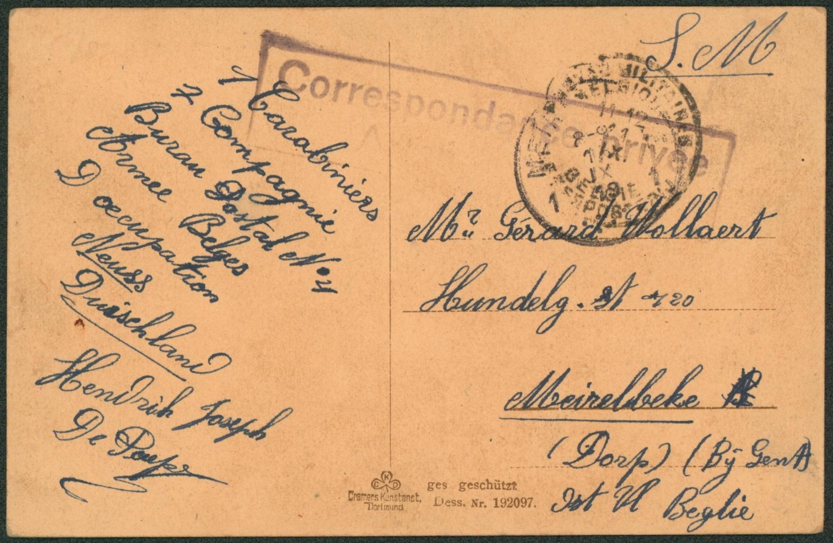 CP en SM, bureau postal n°4 armée belges d'occupation Neuss (duischland) + grand encadrée" correspondance privée > Meirelbeke. "