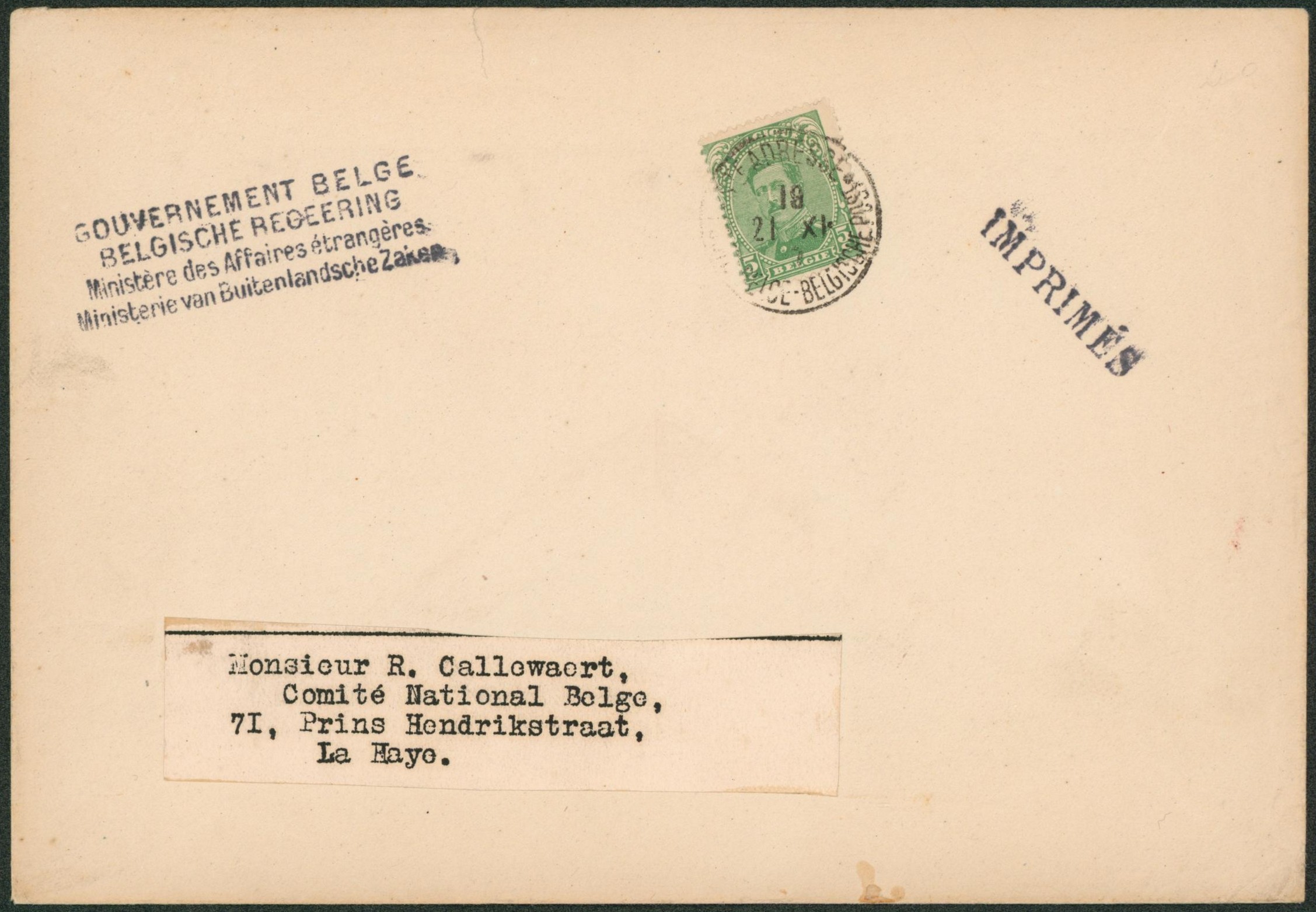 n°137 sur imprimé "Gouvernement belge, ministère des affaires étrangères" > La Haye. "