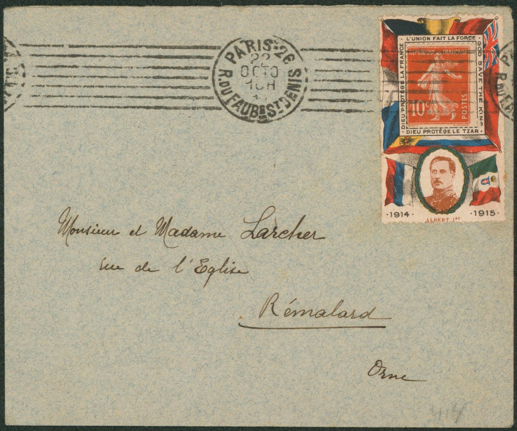 Semeuse - 10ctm rouge sur porte-timbre "l'union fait la force" (effigie Albert Ier, WWI) sur lettre expédié de Paris > Rémalard. Superbe "
