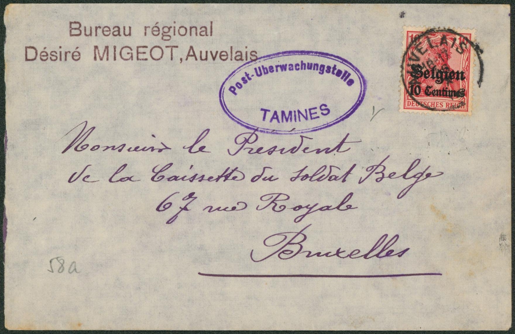 OC3 sur lettre expédiée de Auvelais + censure Tamines > Bruxelles. 