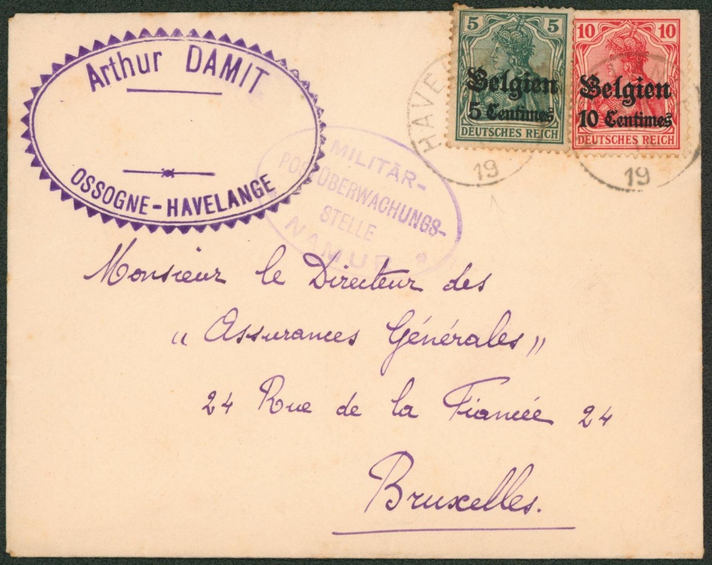 OC2 et 3 sur lettre obl simple cercle "Havelange" (Ossogne) + censure militaire > Bruxelles. "