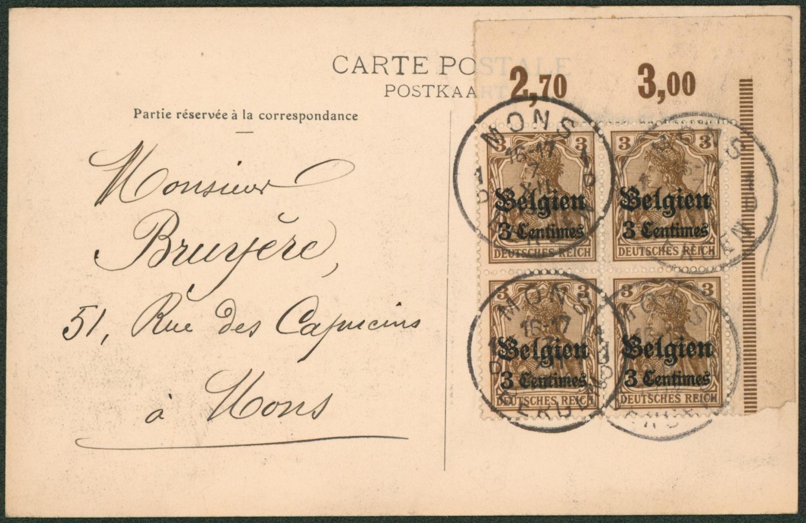 OC1 en bloc de 4 coin de feuille et inscription sur CP vue expédiée de et vers Mons. 