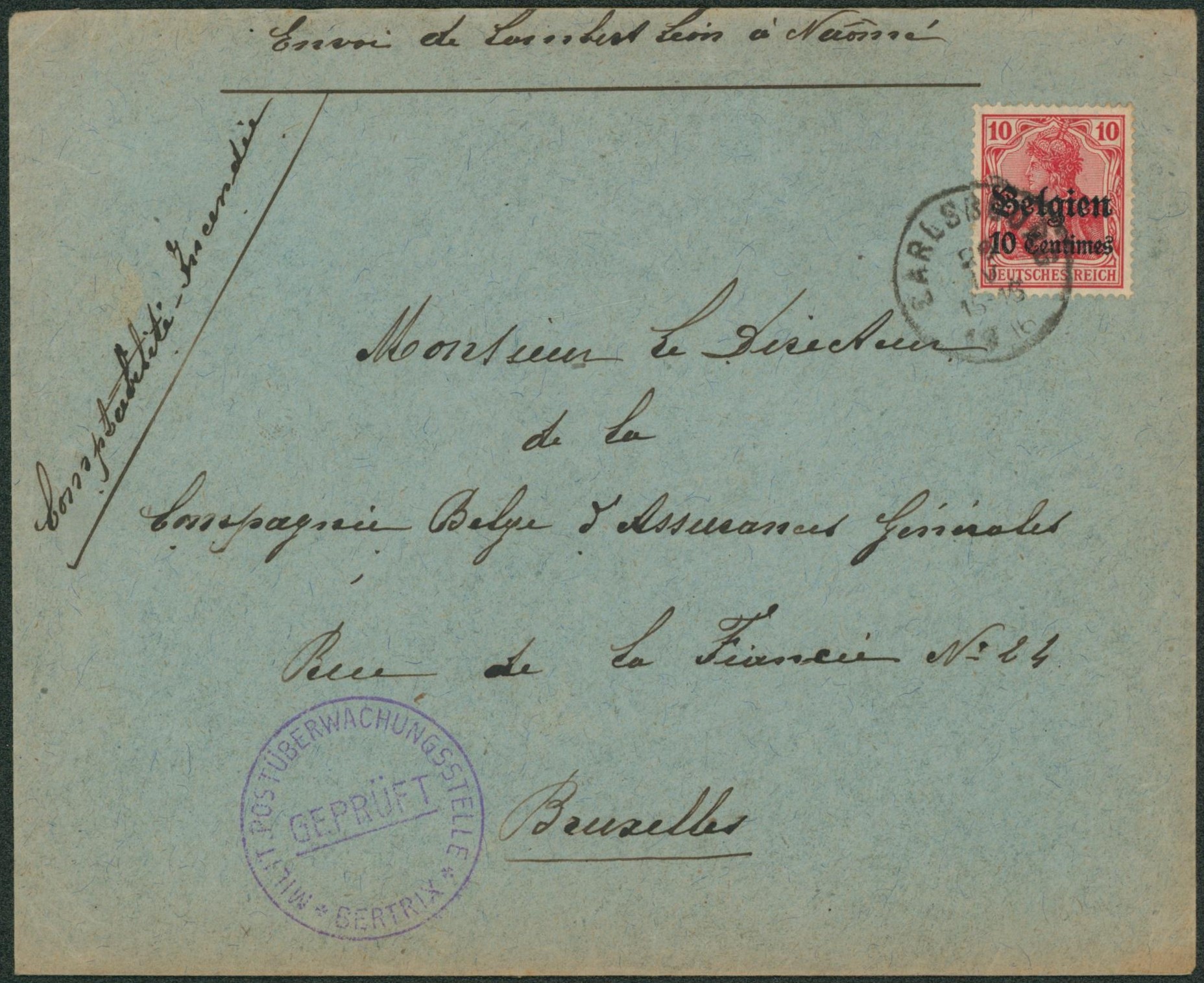 OC3 sur lettre obl simple cercle "Carlsbourg" + censure Bertrix > Bruxelles. "