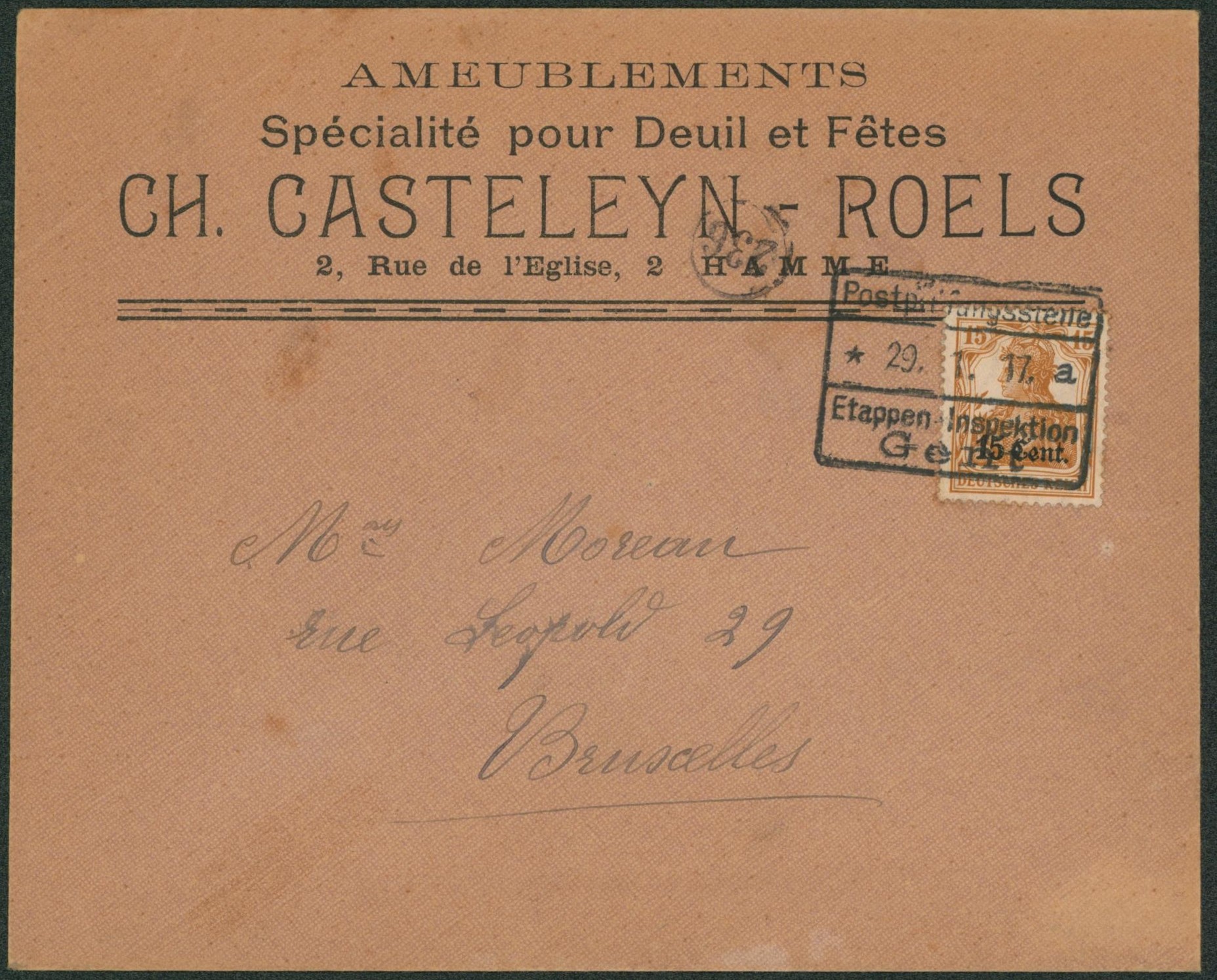 OC15 sur lettre à en-tête (ameublements) de Hamme > Bruxelles. 