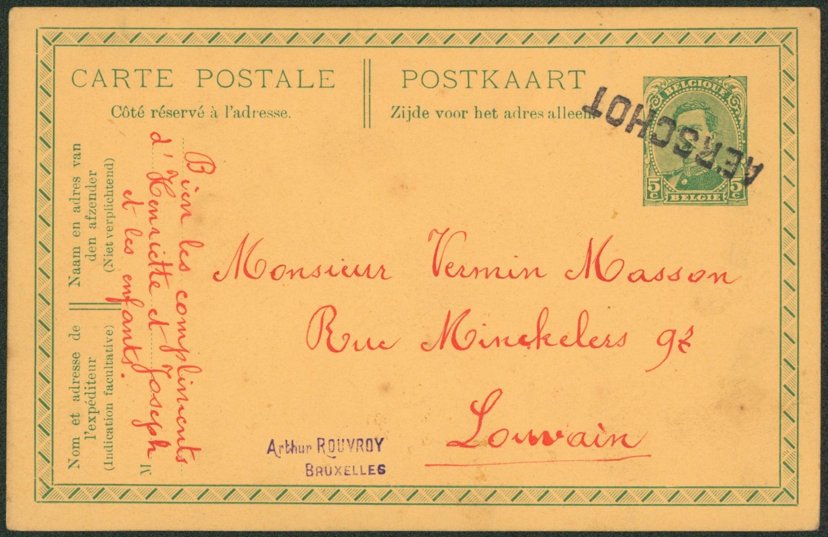 EP au type 5ctm vert Albert Ier annulé par griffe de fortune AERSCHOT > Louvain