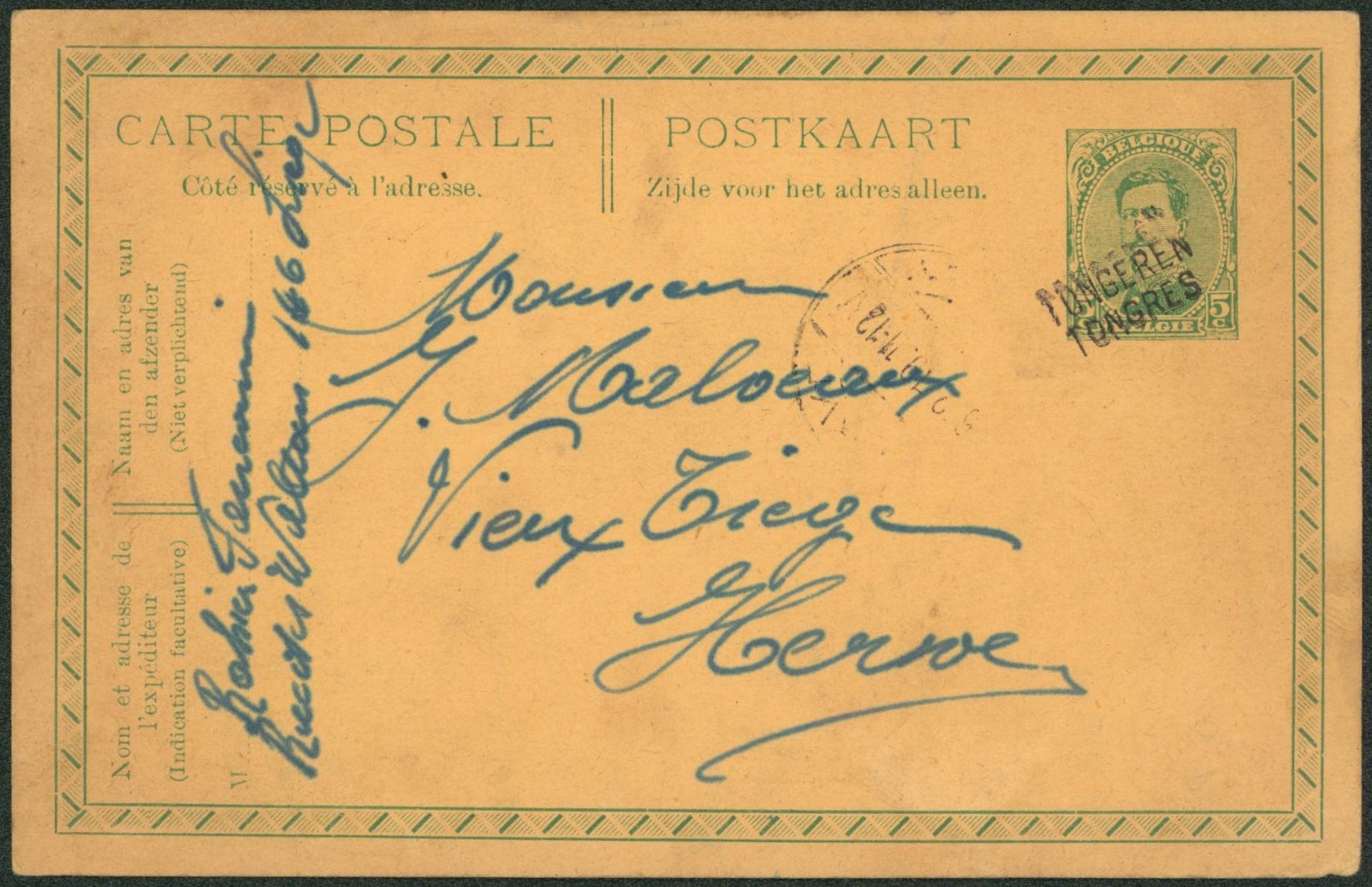 EP au type 5ctm vert Albert Ier annulé par griffe de fortune TONGEREN / TONGRES > Herve