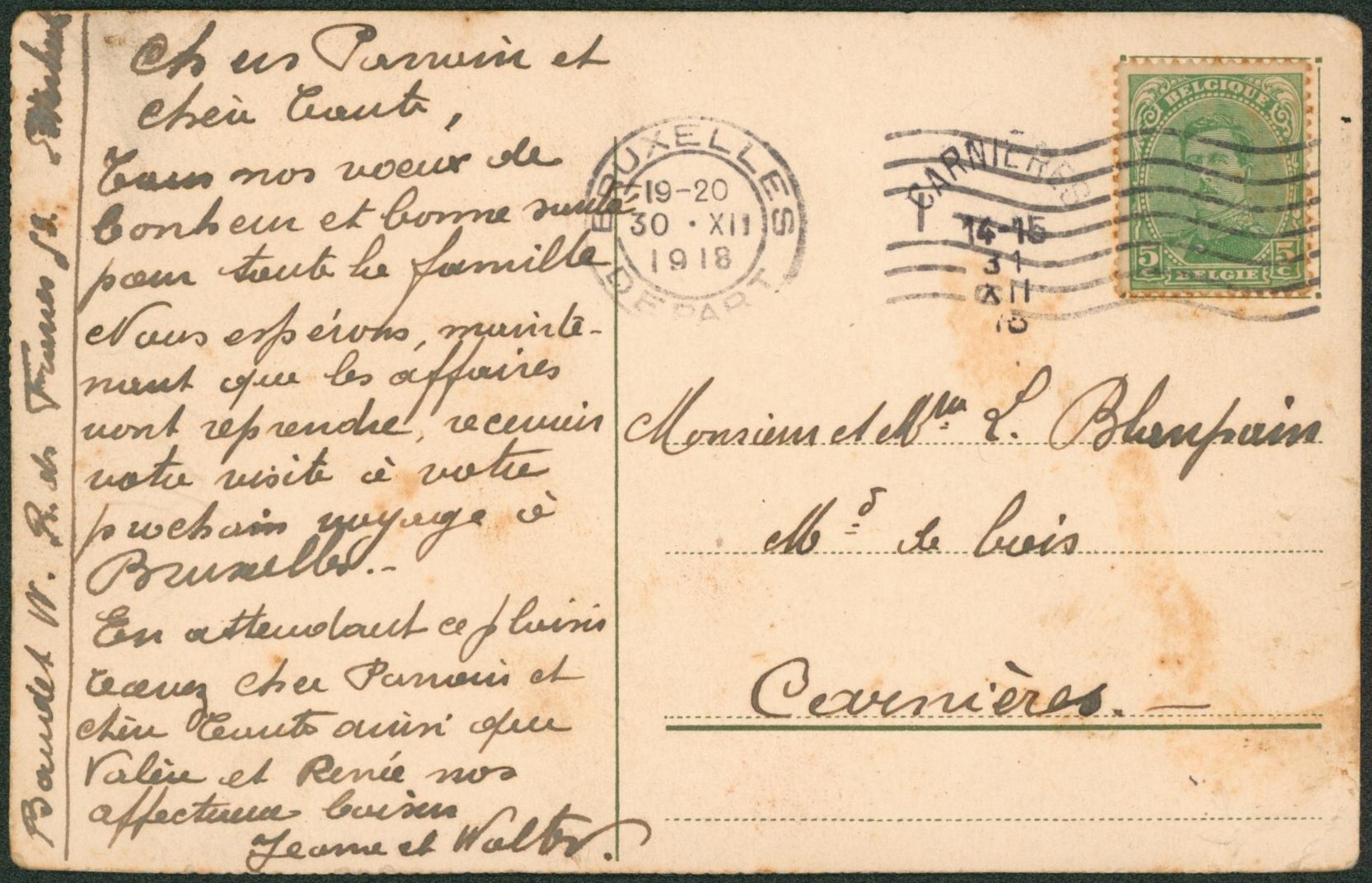 n°137 sur CP expédié de Bruxelles > Carnières çàd cachet d'arrivée de fortune sans cercle. 