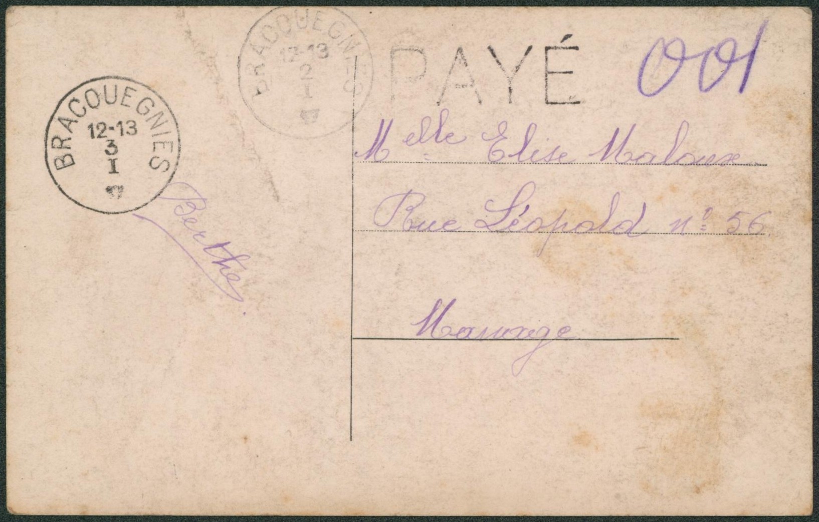 CP + griffe  PAYE de Bracquegnies > Maurage. 