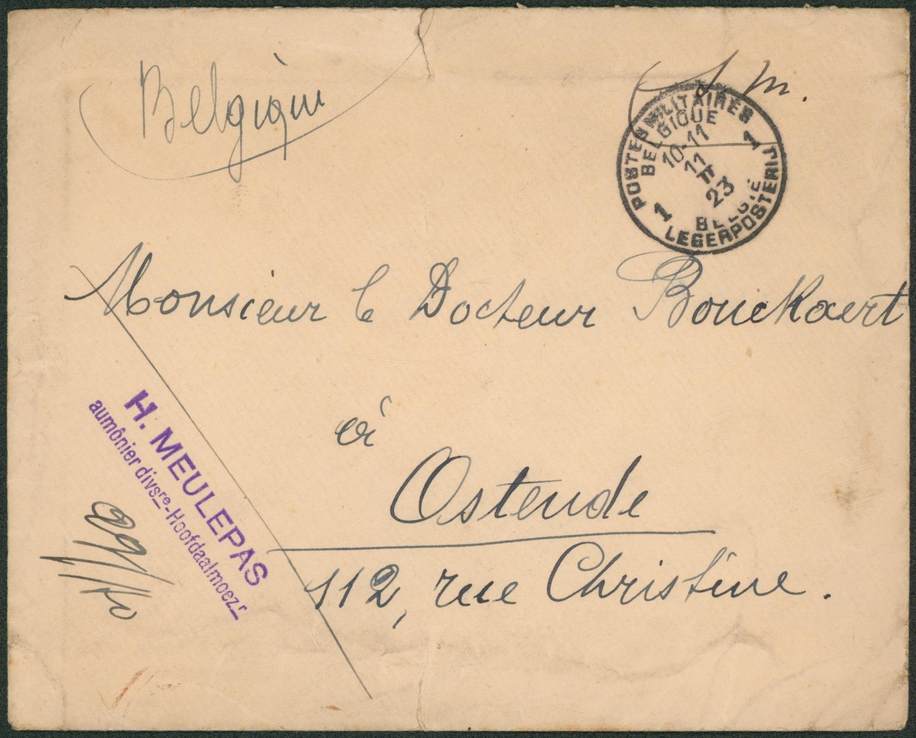 Lettre en S.M. obl P.M.B. (1923, Aumonier div. Hoofdaalmoez) > Ostende. 